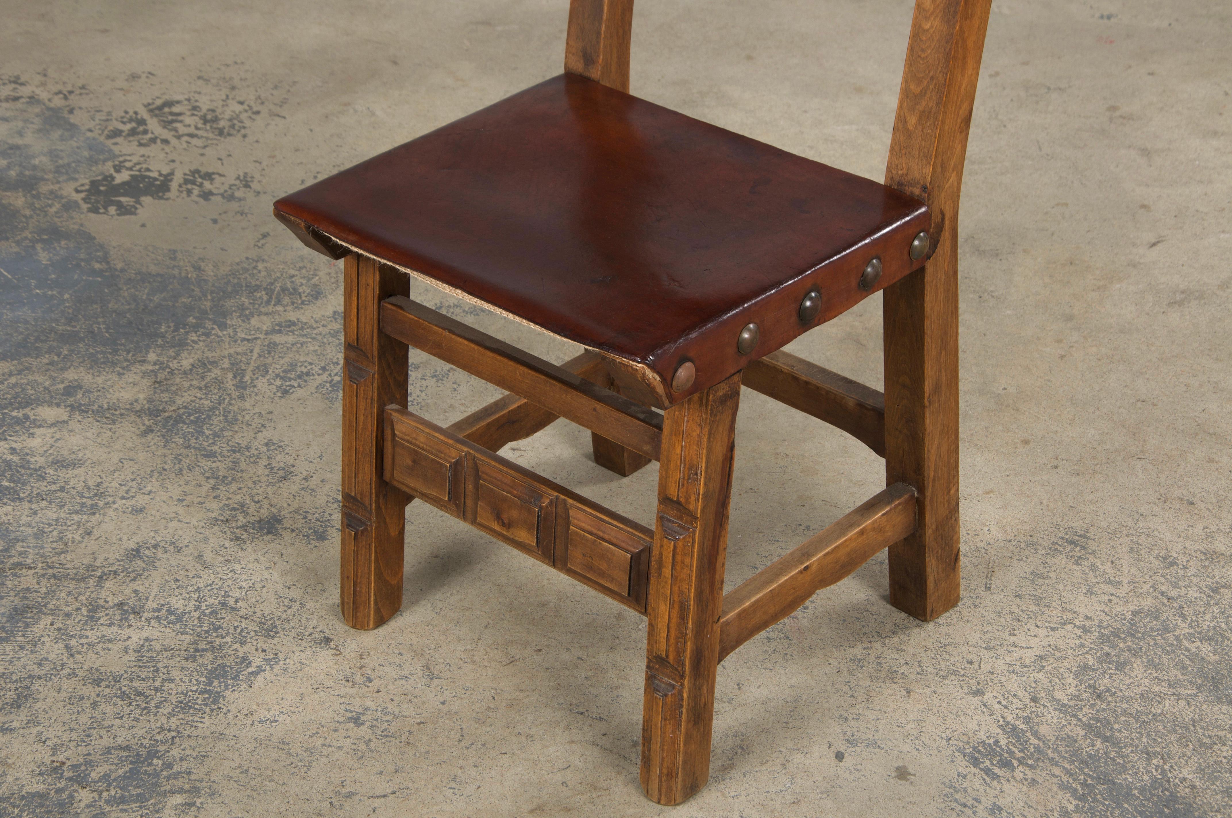 Antique Spanish Colonial Oak Dining Chairs W/ Brown Leather - Set of 8 For Sale 11