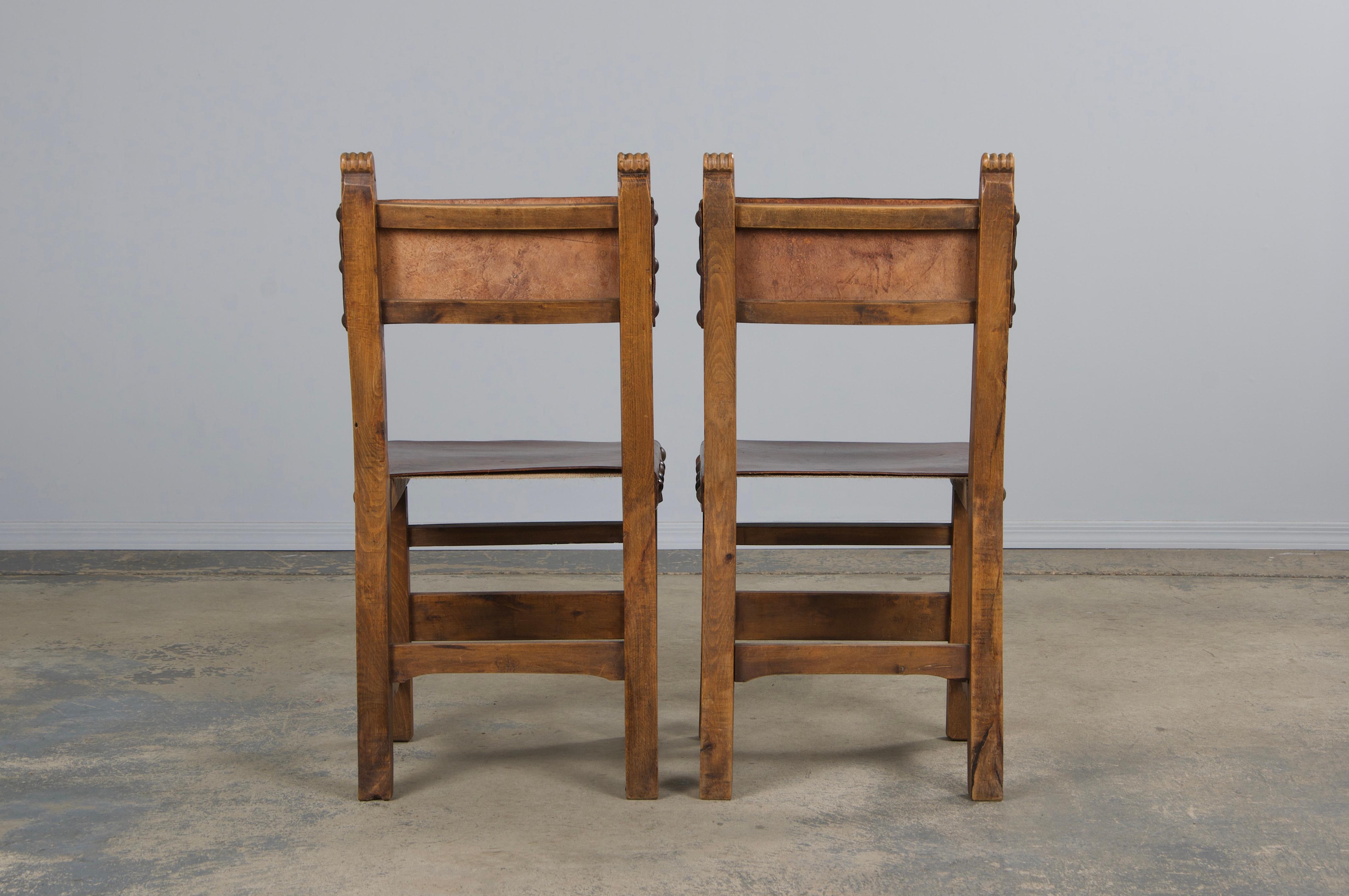 Antique Spanish Colonial Oak Dining Chairs W/ Brown Leather - Set of 8 For Sale 12