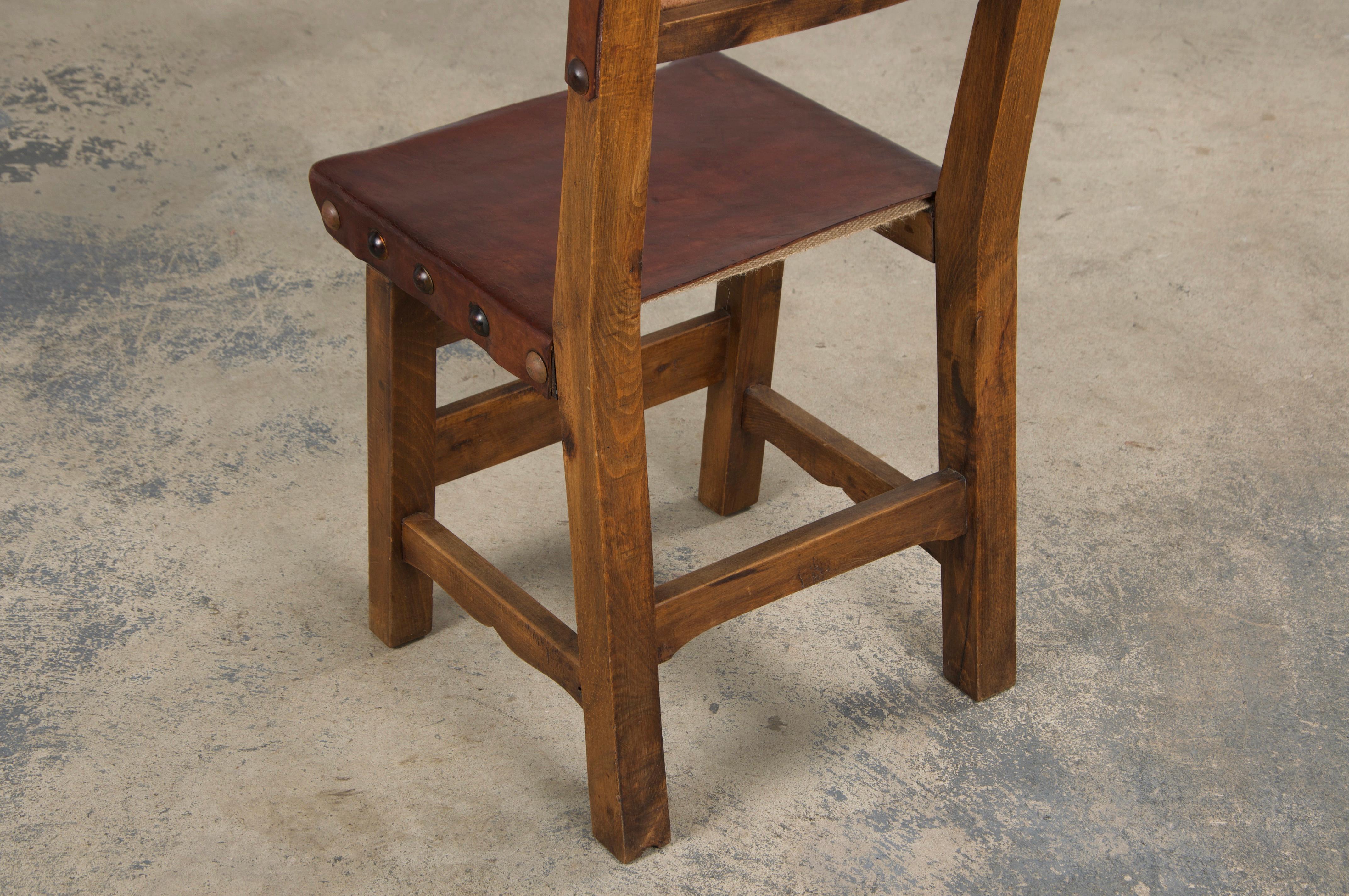 Antique Spanish Colonial Oak Dining Chairs W/ Brown Leather - Set of 8 For Sale 14