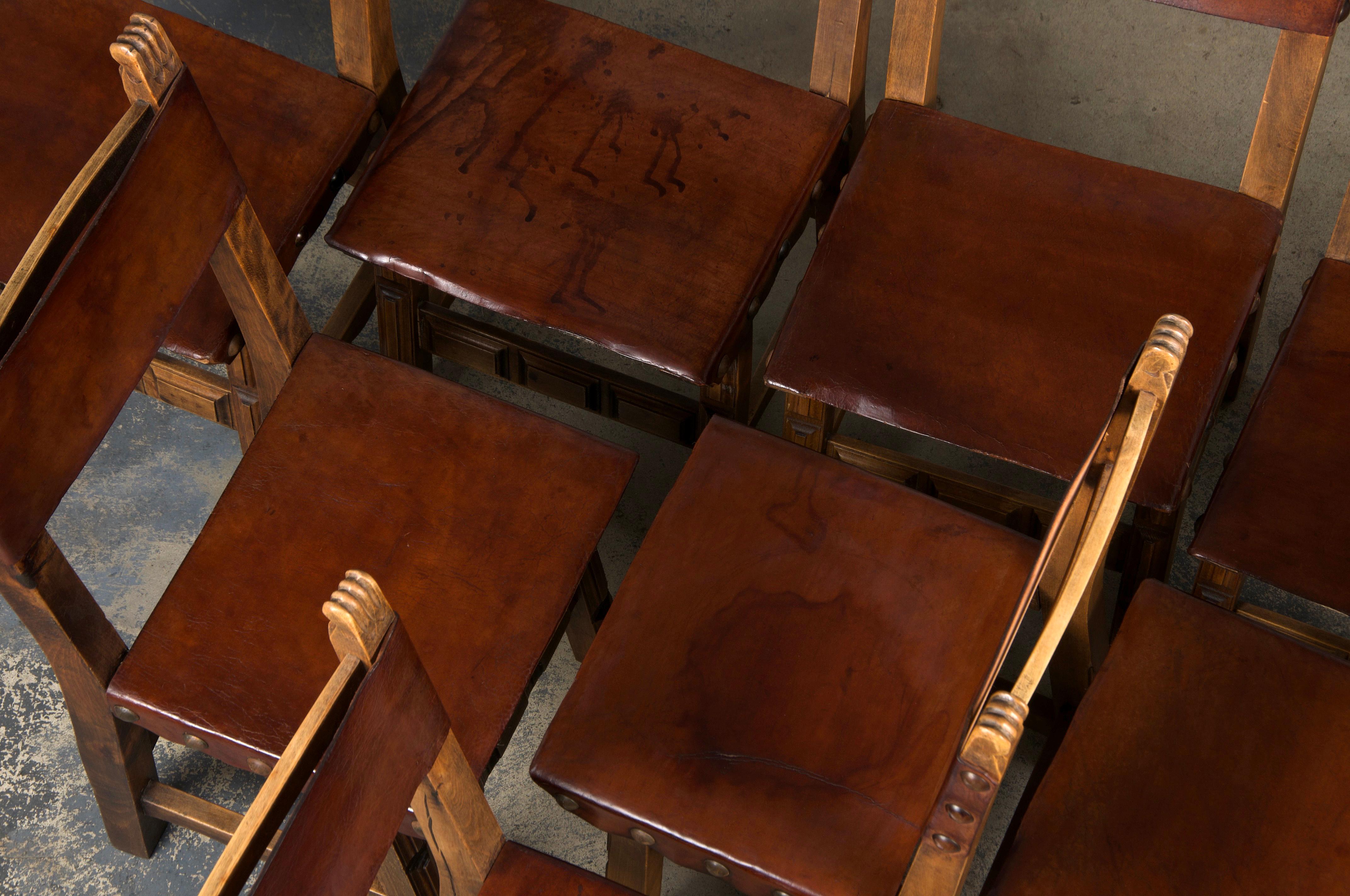 19th Century Antique Spanish Colonial Oak Dining Chairs W/ Brown Leather - Set of 8 For Sale