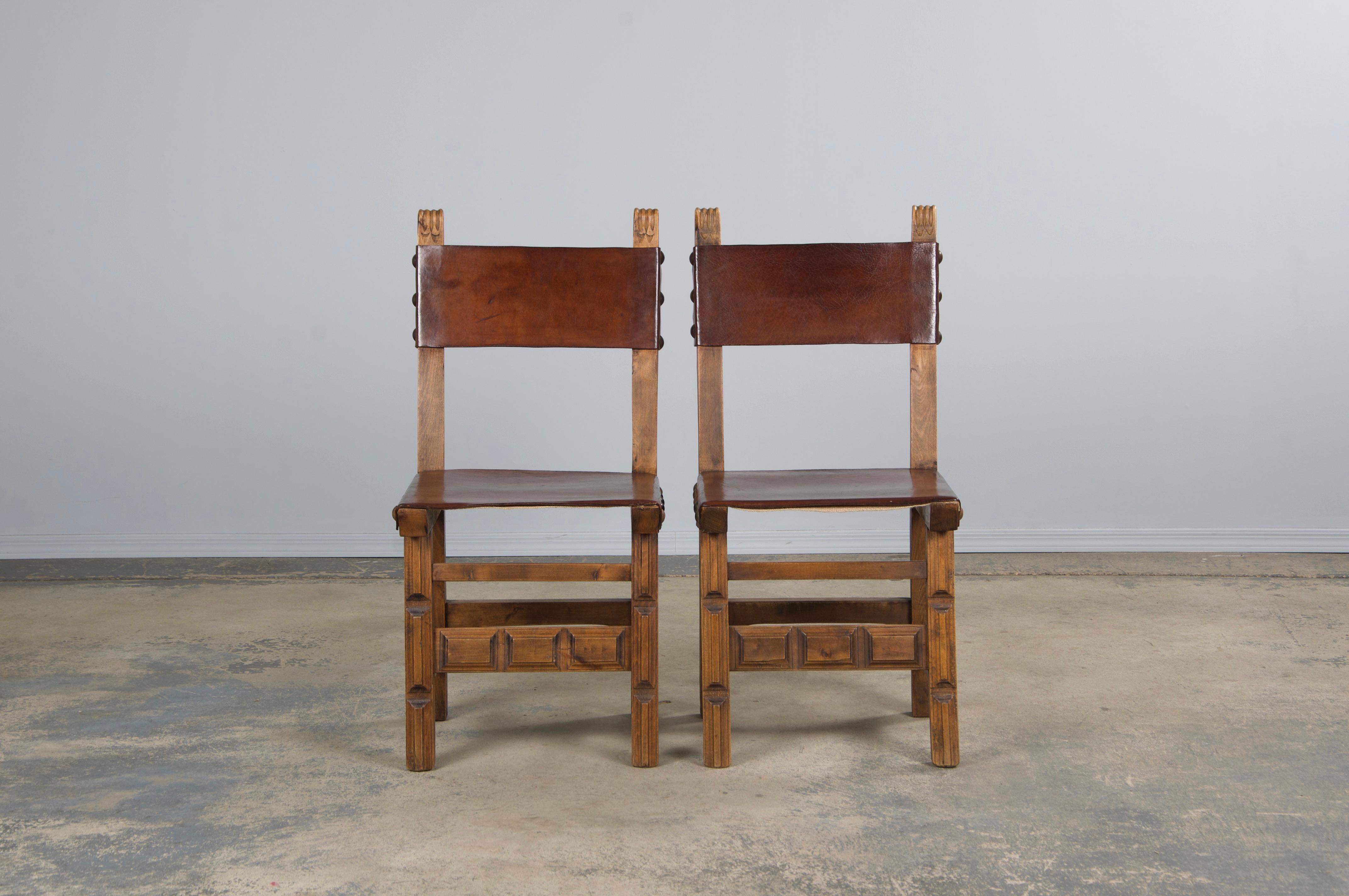 Antique Spanish Colonial Oak Dining Chairs W/ Brown Leather - Set of 8 For Sale 1