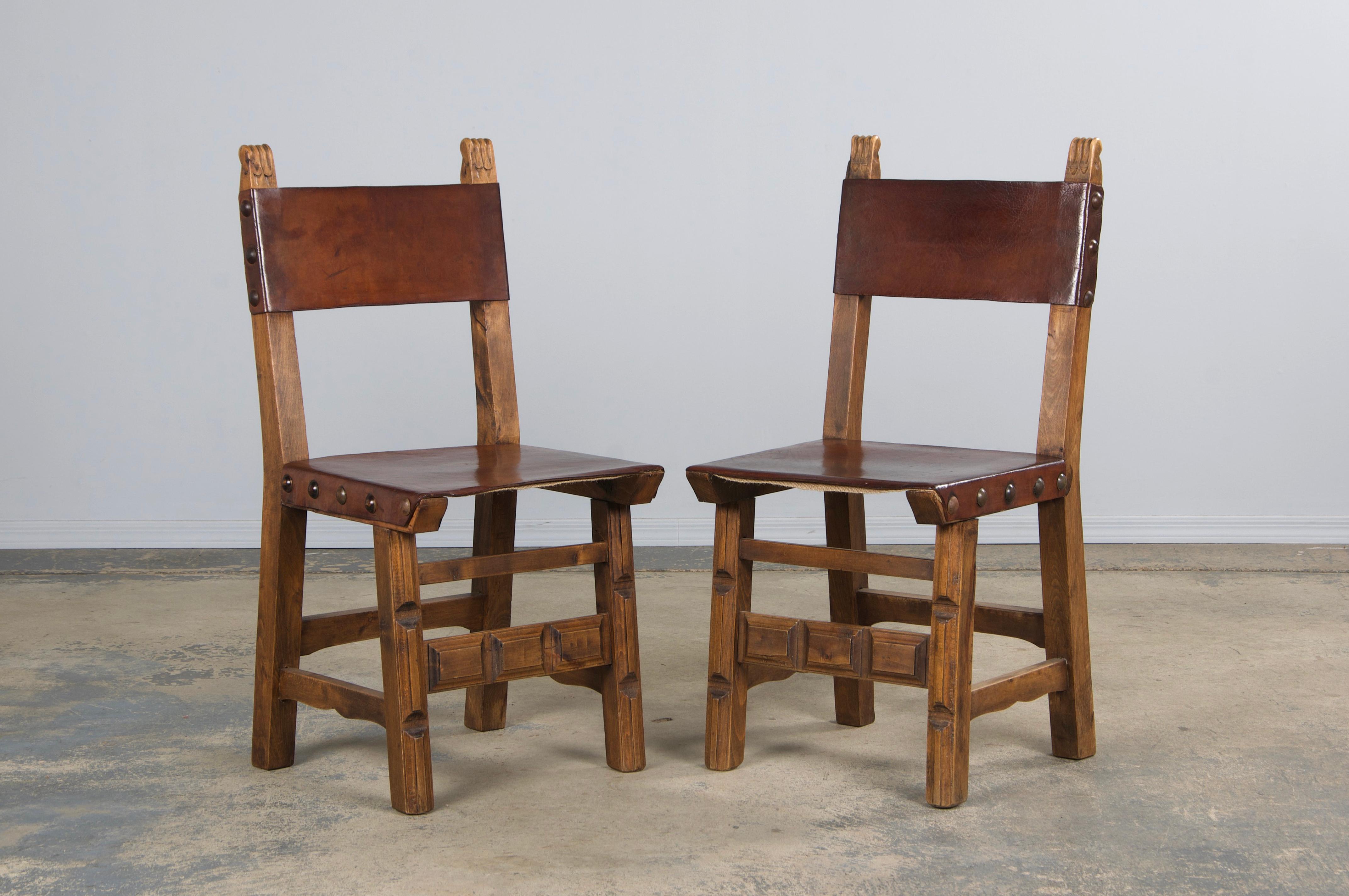 Antique Spanish Colonial Oak Dining Chairs W/ Brown Leather - Set of 8 For Sale 2