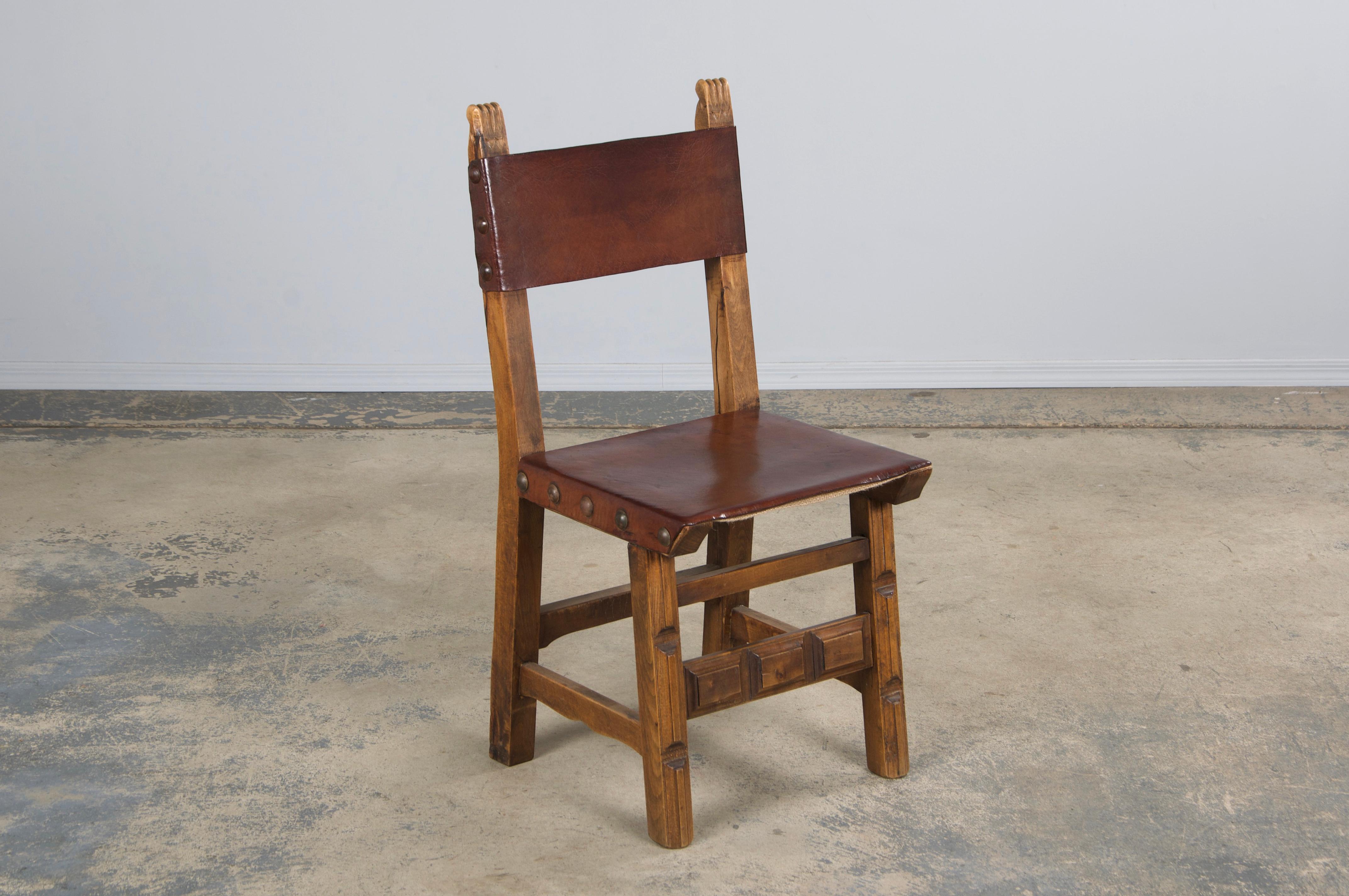 Antique Spanish Colonial Oak Dining Chairs W/ Brown Leather - Set of 8 For Sale 3
