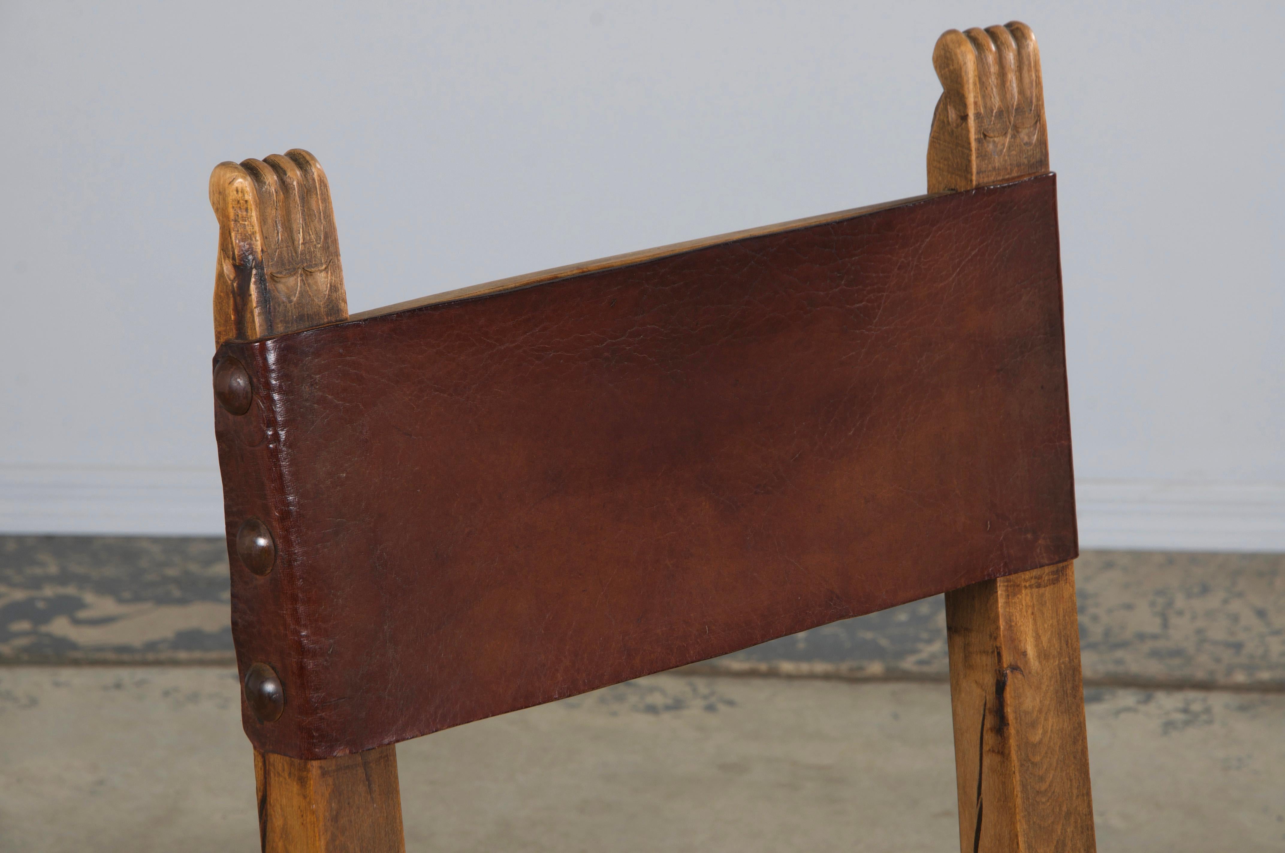 Antique Spanish Colonial Oak Dining Chairs W/ Brown Leather - Set of 8 For Sale 4