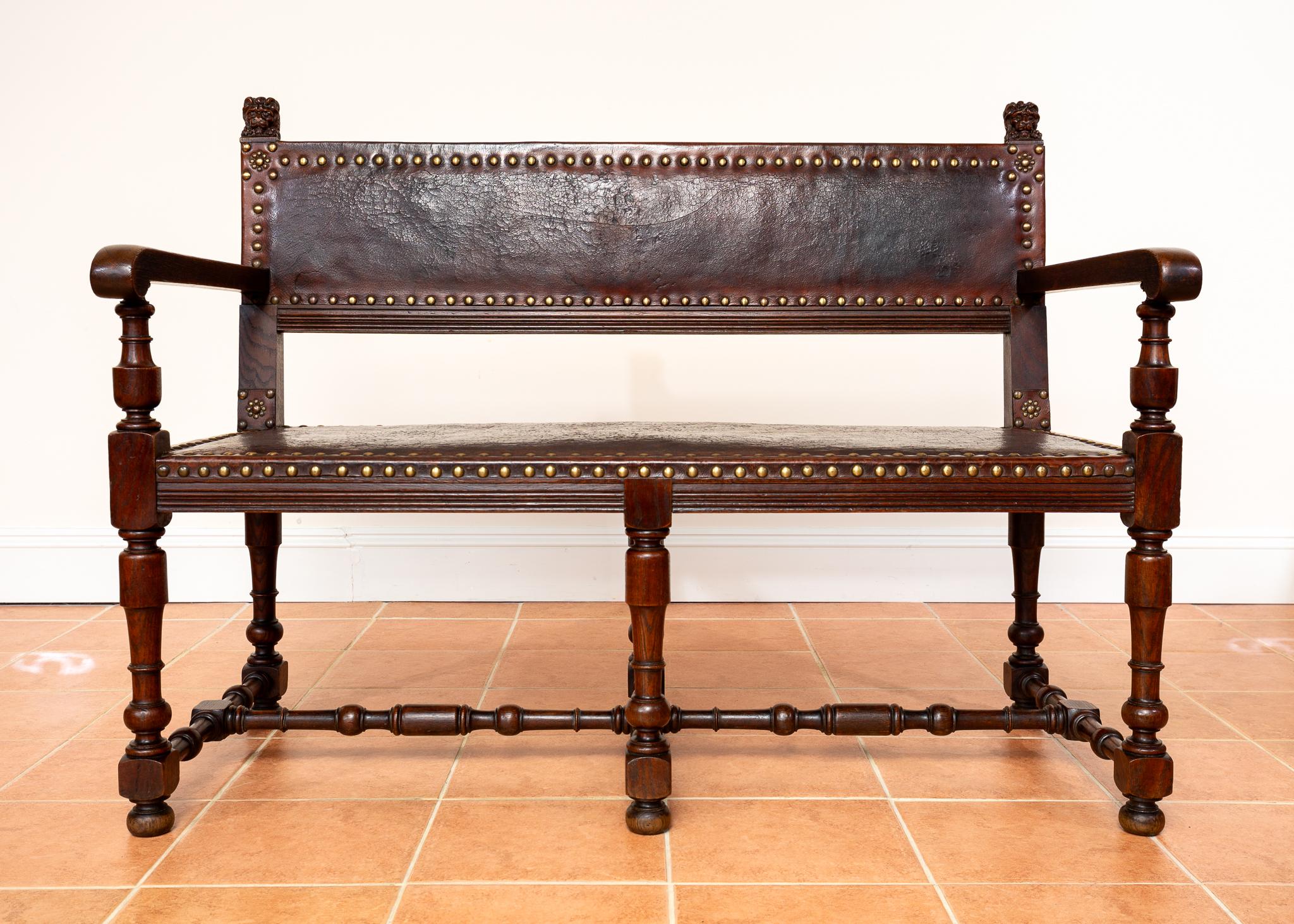 Antique Spanish Colonial Oak Leather Bench Country House Studded Brass Baronial For Sale 5