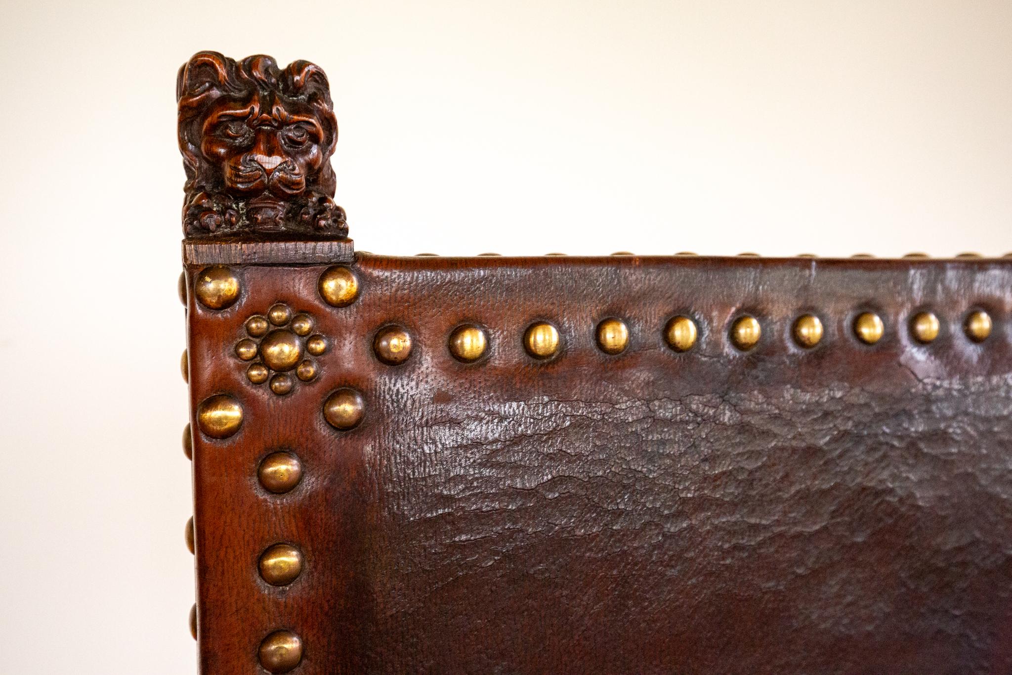 Antique Spanish Colonial Oak Leather Bench Country House Studded Brass Baronial For Sale 6