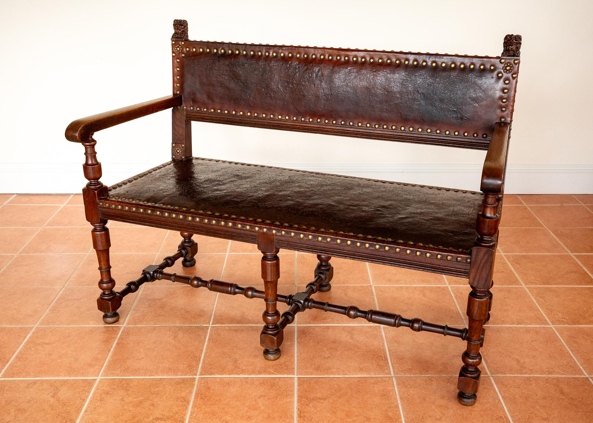 Antique Spanish Colonial Oak Leather Bench Country House Studded Brass Baronial For Sale 7