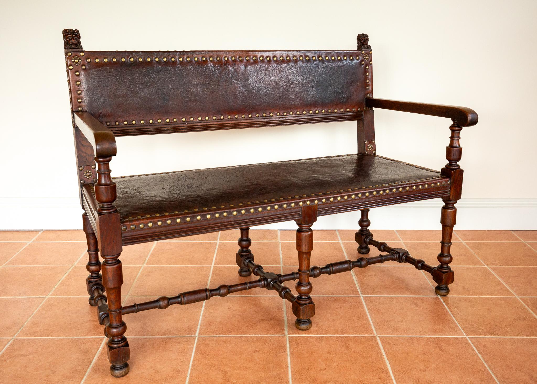 Antique Spanish Colonial Oak Leather Bench Country House Studded Brass Baronial For Sale 8
