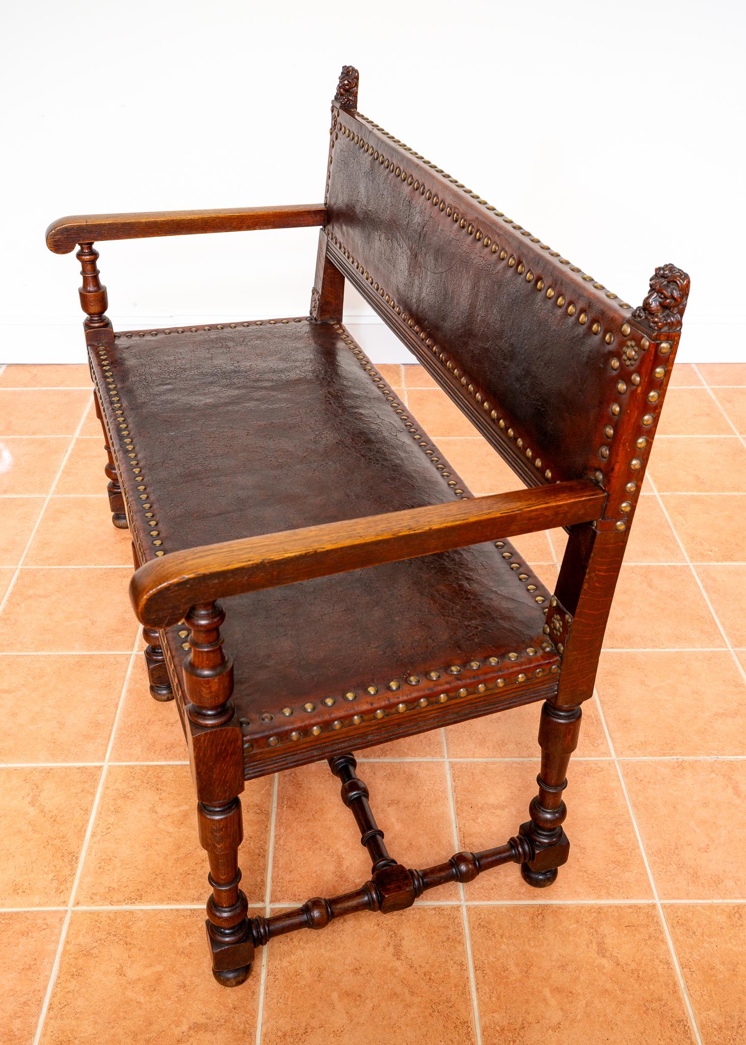 Antique Spanish Colonial Oak Leather Bench Country House Studded Brass Baronial For Sale 9