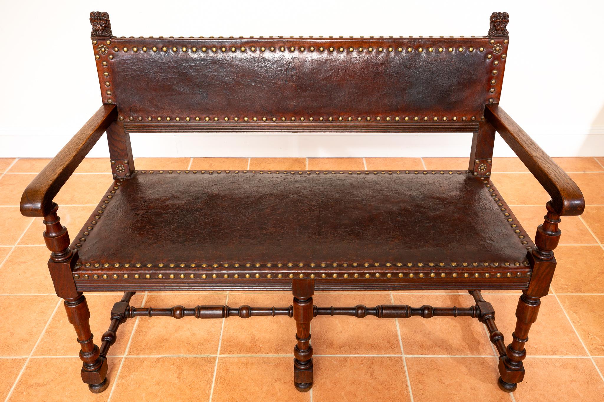 Antique Spanish Colonial Oak Leather Bench Country House Studded Brass Baronial For Sale 10