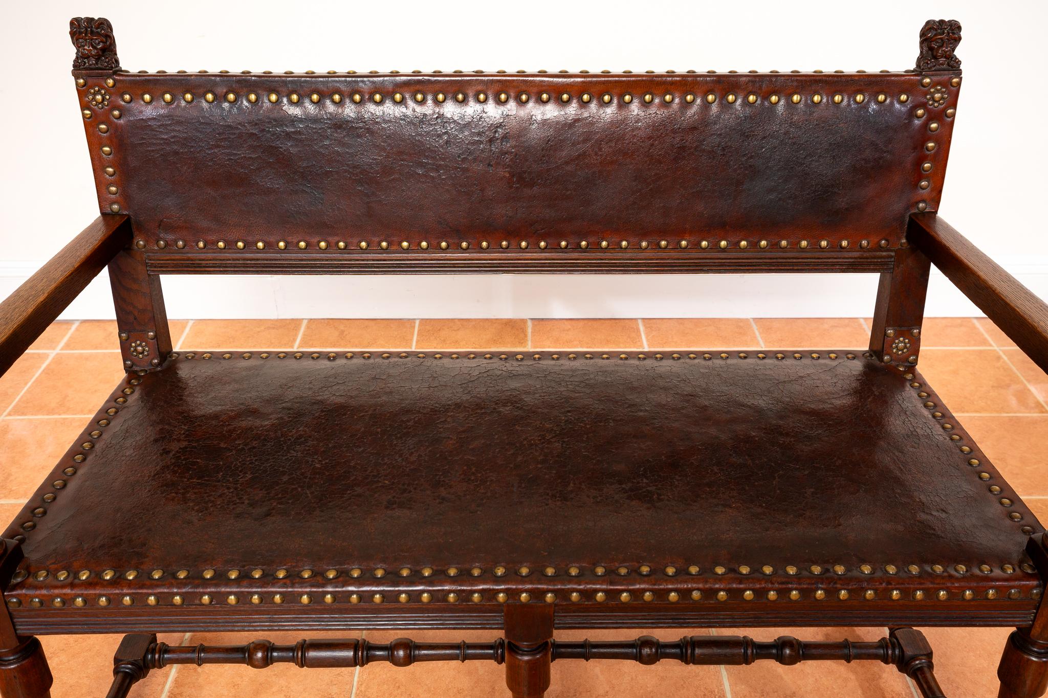 Antique Spanish Colonial Oak Leather Bench Country House Studded Brass Baronial For Sale 12
