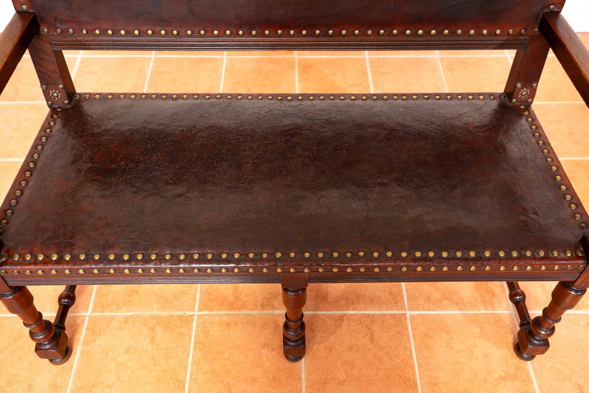 Antique Spanish Colonial Oak Leather Bench Country House Studded Brass Baronial For Sale 13
