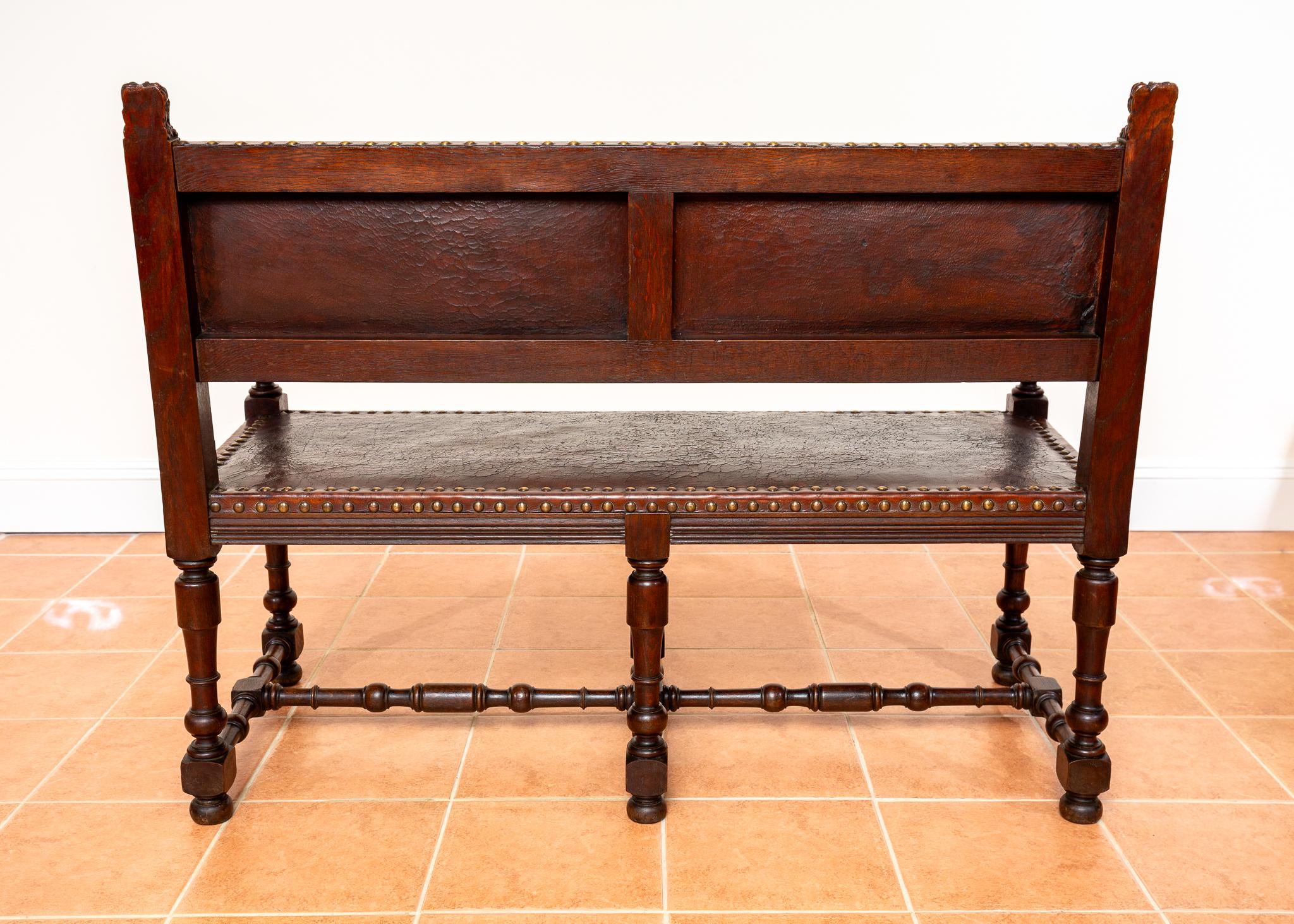 Antique Spanish Colonial Oak Leather Bench Country House Studded Brass Baronial For Sale 14