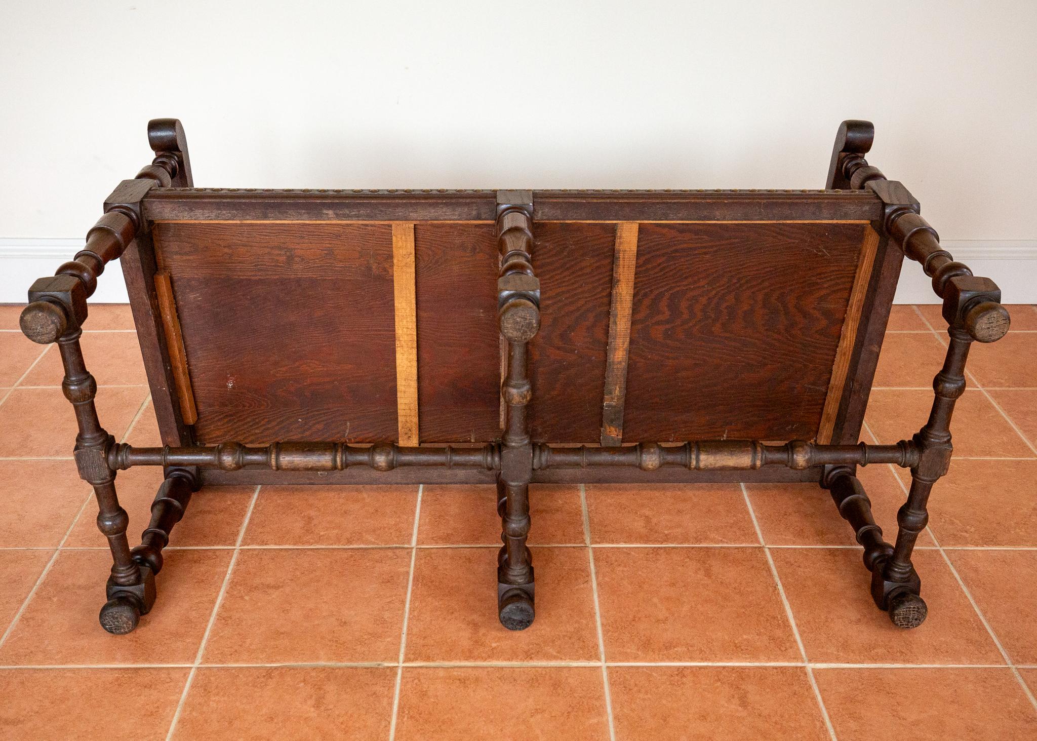 Antique Spanish Colonial Oak Leather Bench Country House Studded Brass Baronial For Sale 15