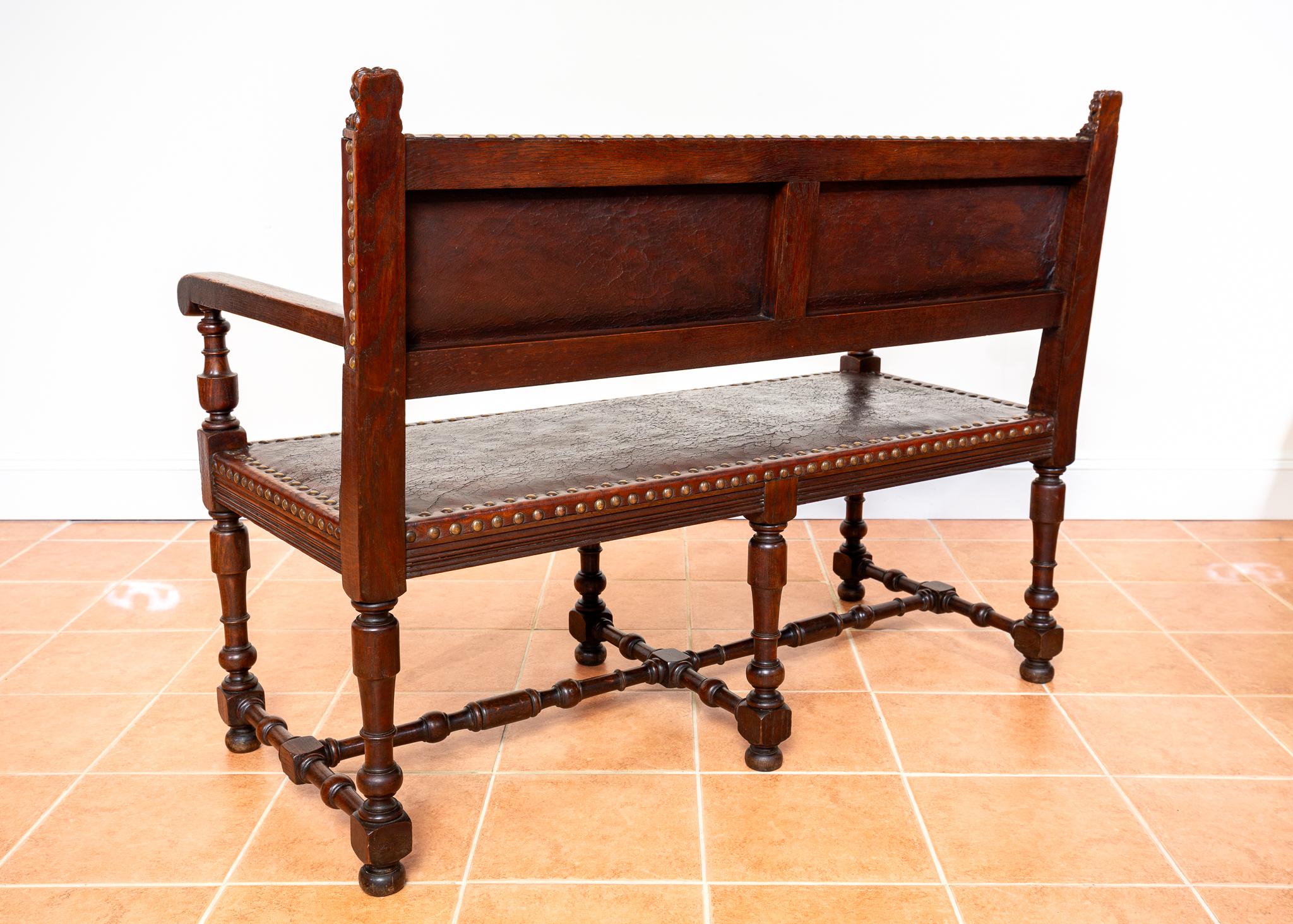 18th Century and Earlier Antique Spanish Colonial Oak Leather Bench Country House Studded Brass Baronial For Sale