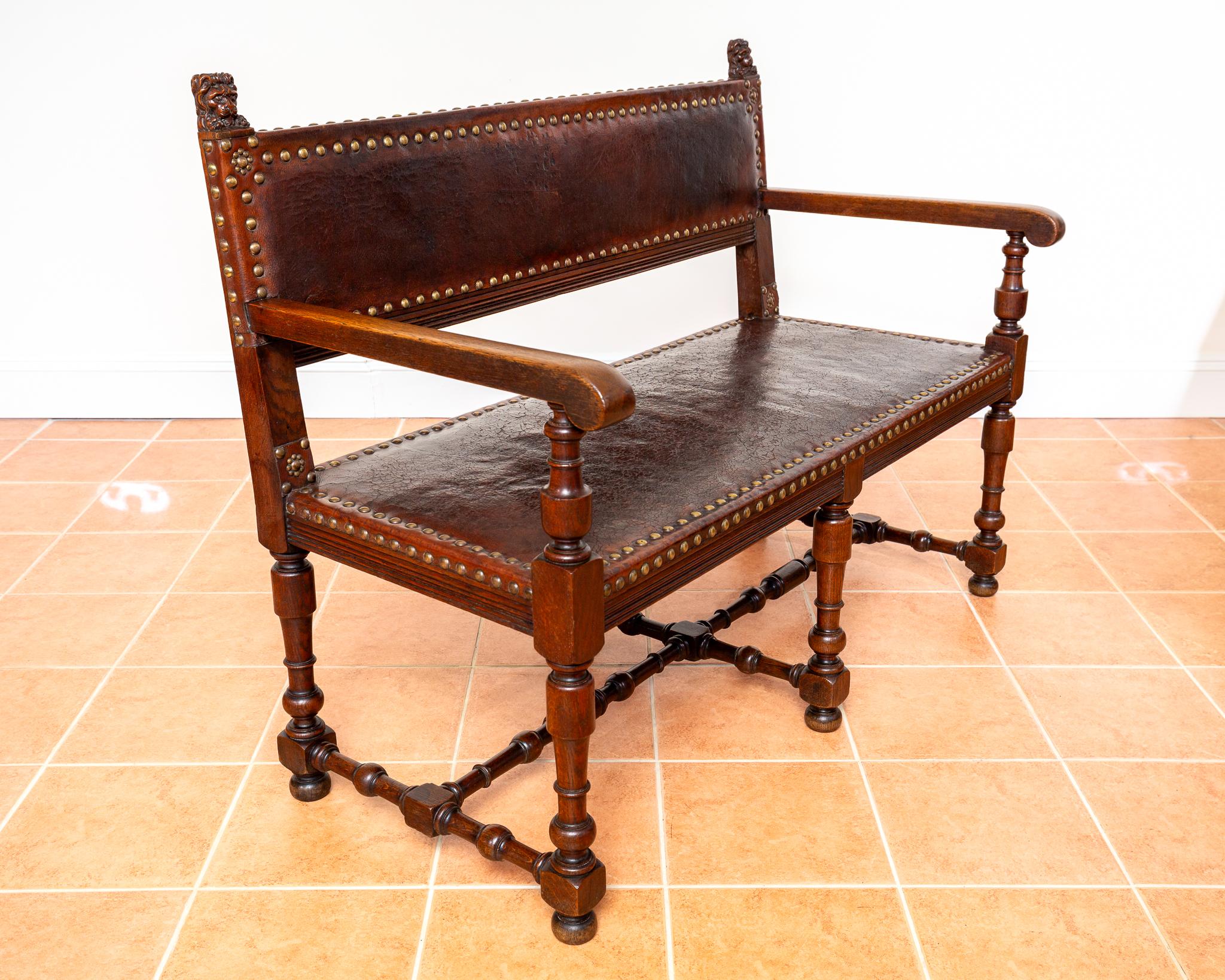 Antique Spanish Colonial Oak Leather Bench Country House Studded Brass Baronial For Sale 1