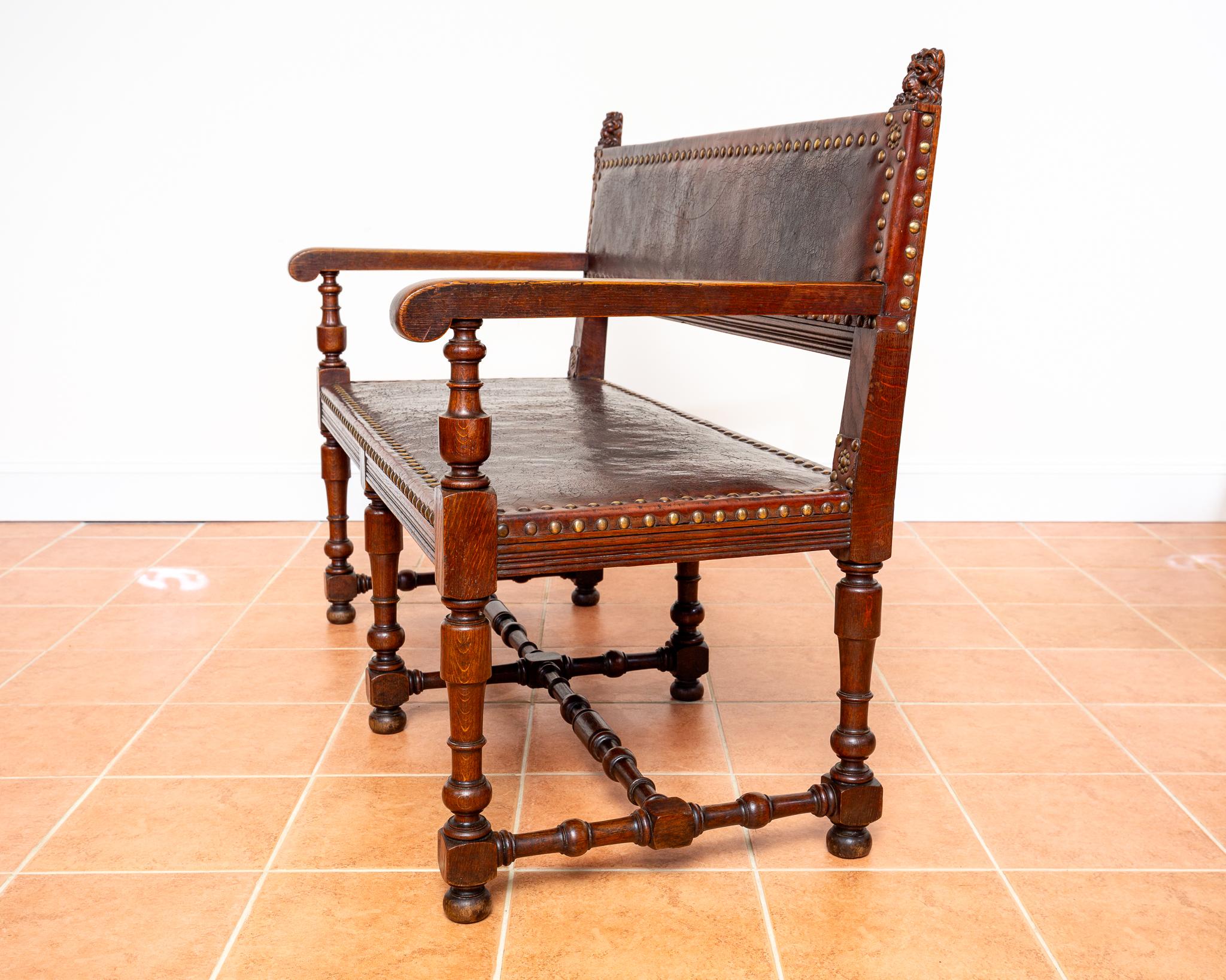 Antique Spanish Colonial Oak Leather Bench Country House Studded Brass Baronial For Sale 2