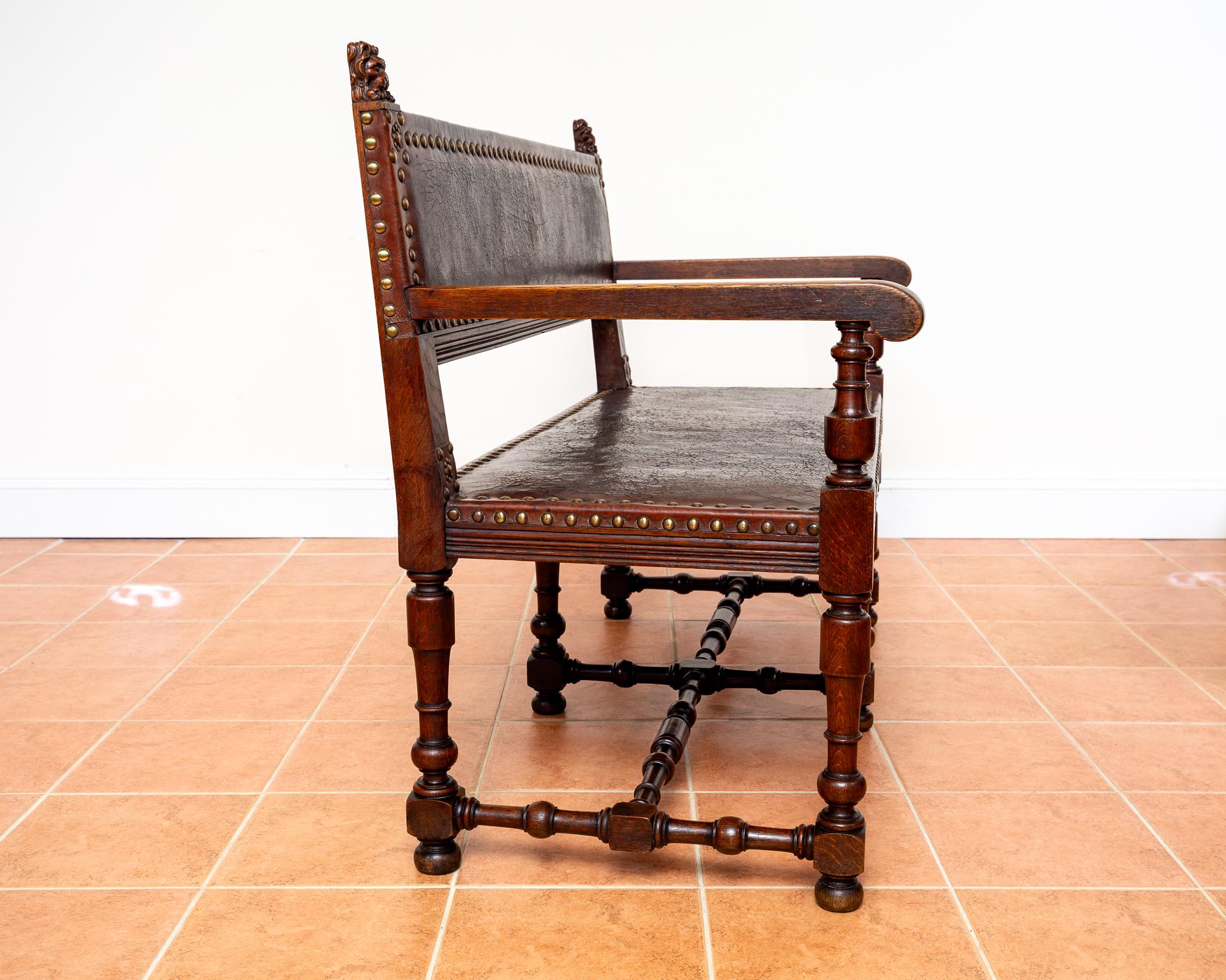 Antique Spanish Colonial Oak Leather Bench Country House Studded Brass Baronial For Sale 3