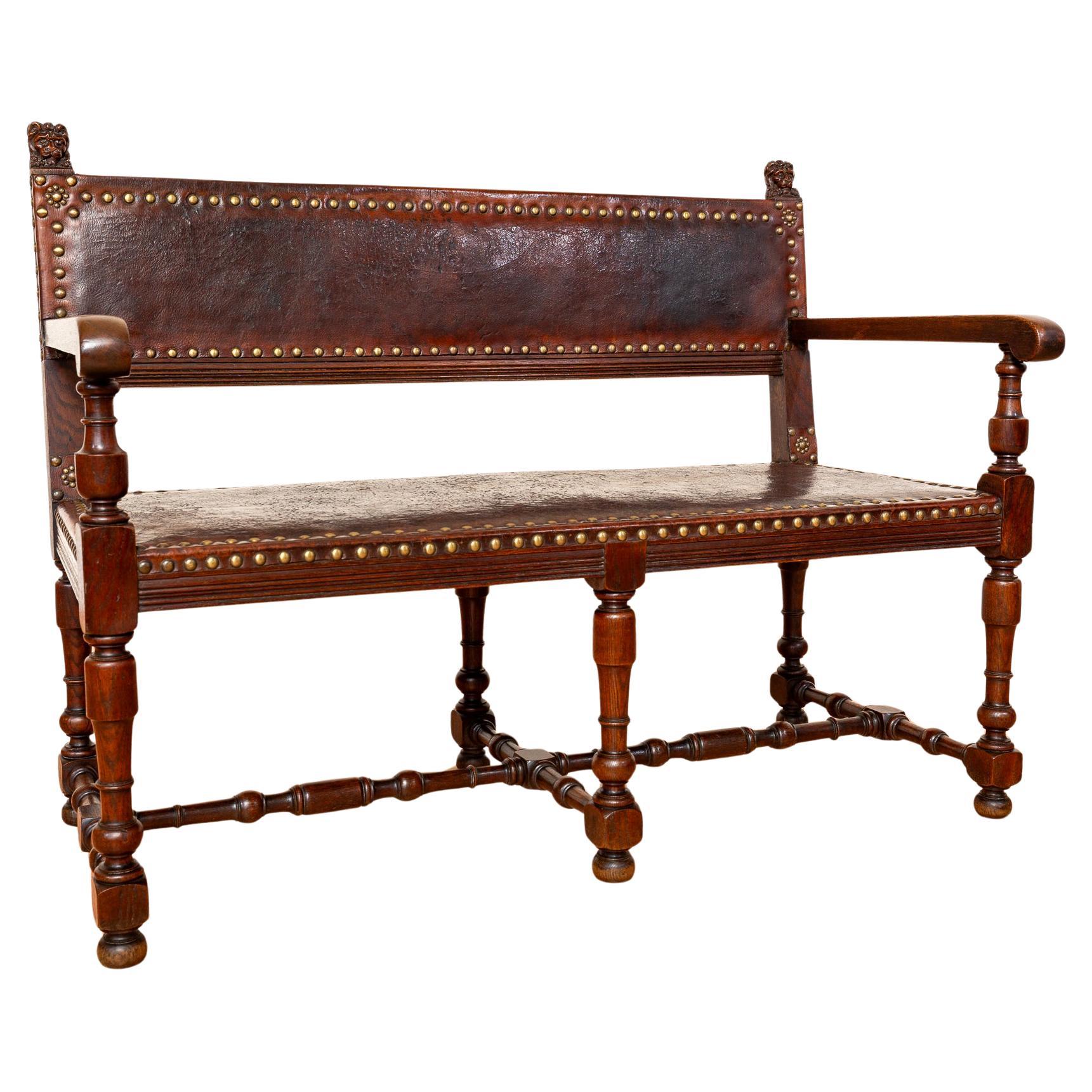 Antique Spanish Colonial Oak Leather Bench Country House Studded Brass Baronial For Sale