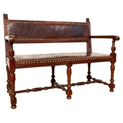 Antique Spanish Colonial Oak Leather Bench Country House Studded Brass Baronial