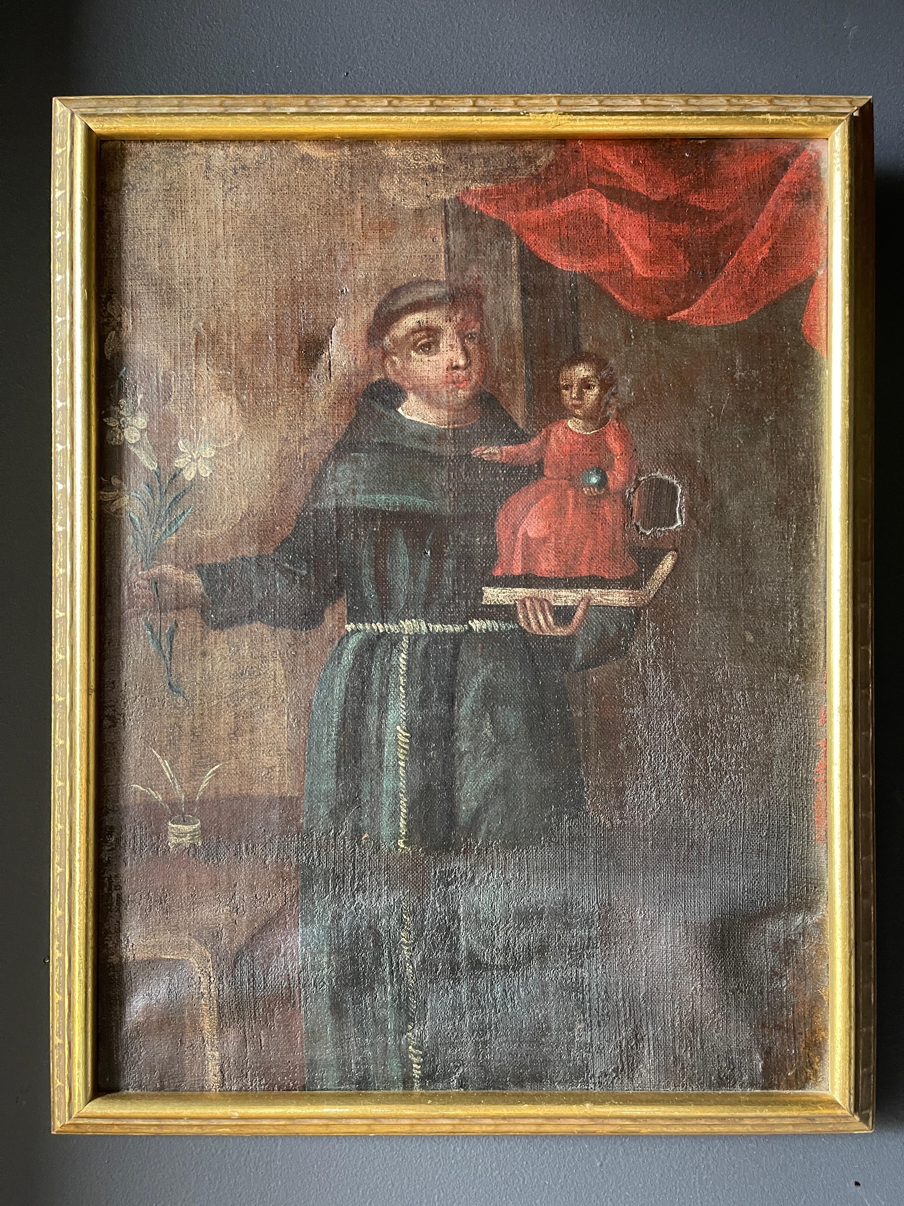 Ancienne peinture coloniale espagnole à l'huile sur toile de Saint Antoine en vente 4