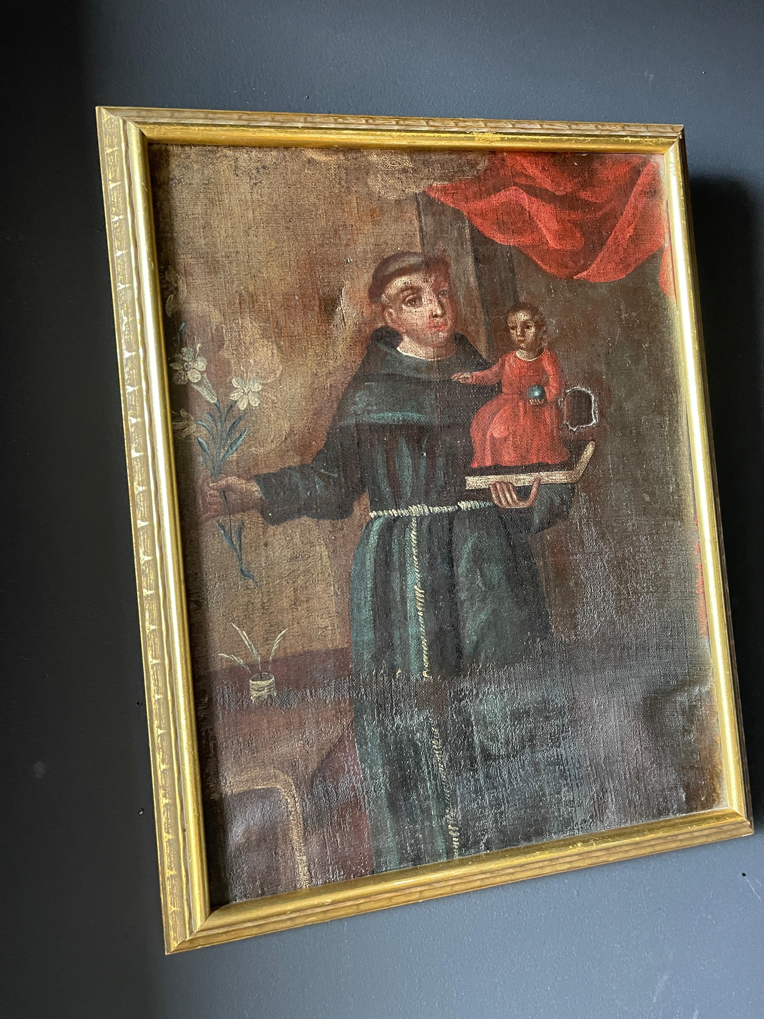 Belle huile sur toile coloniale espagnole du XVIIIe siècle représentant Saint Antoine avec l'enfant Jésus. Quelques réparations anciennes sont visibles sur les photos. Encadré avec un cadre en bois doré.

Saint Antoine de Padua est né et a été élevé