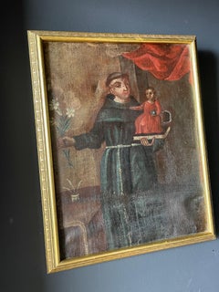 Antique Mexican Saint Anthony Oil On Canvas Painting