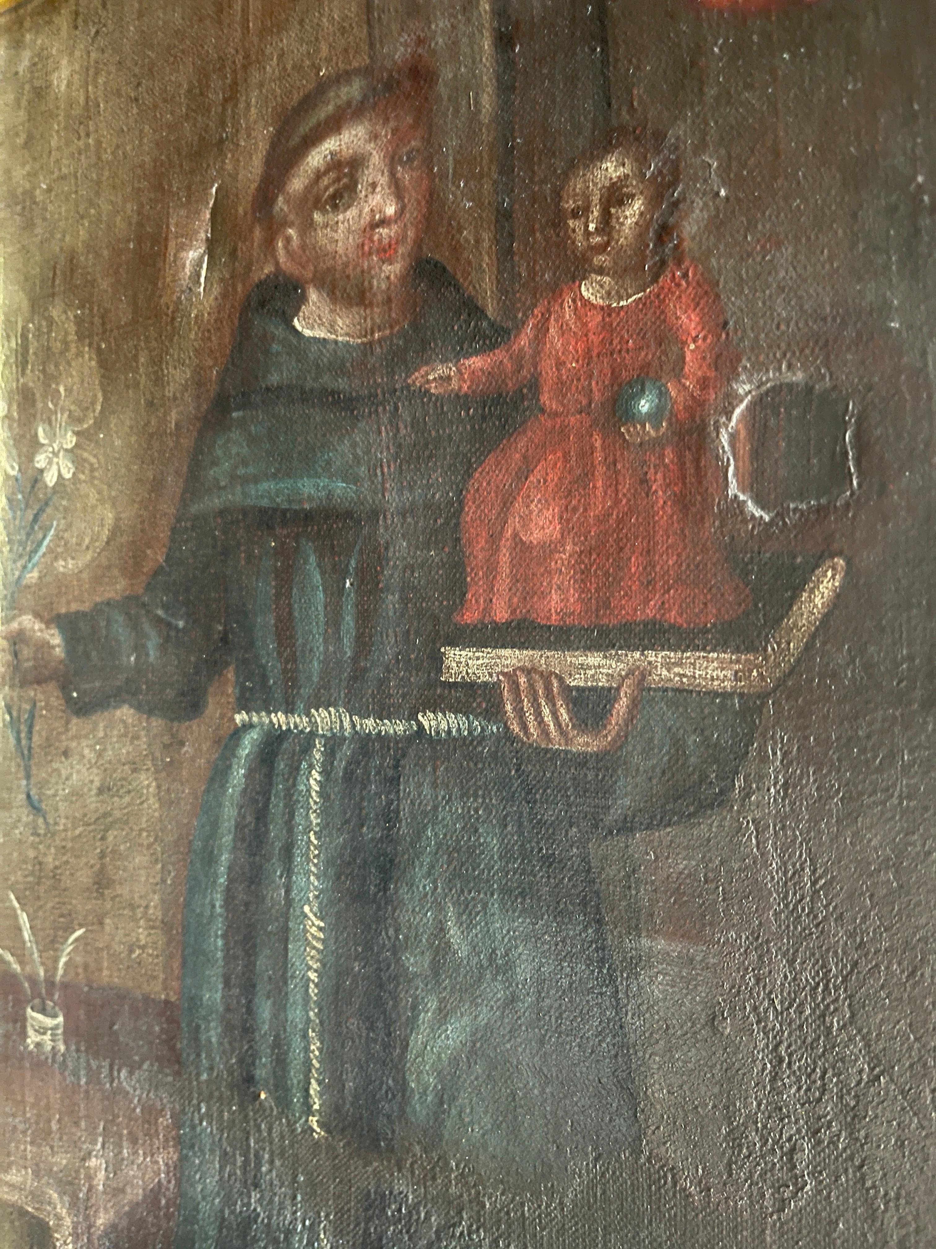 Antique Spanish Colonial Oil on Canvas Painting of Saint Anthony In Fair Condition For Sale In New York, NY