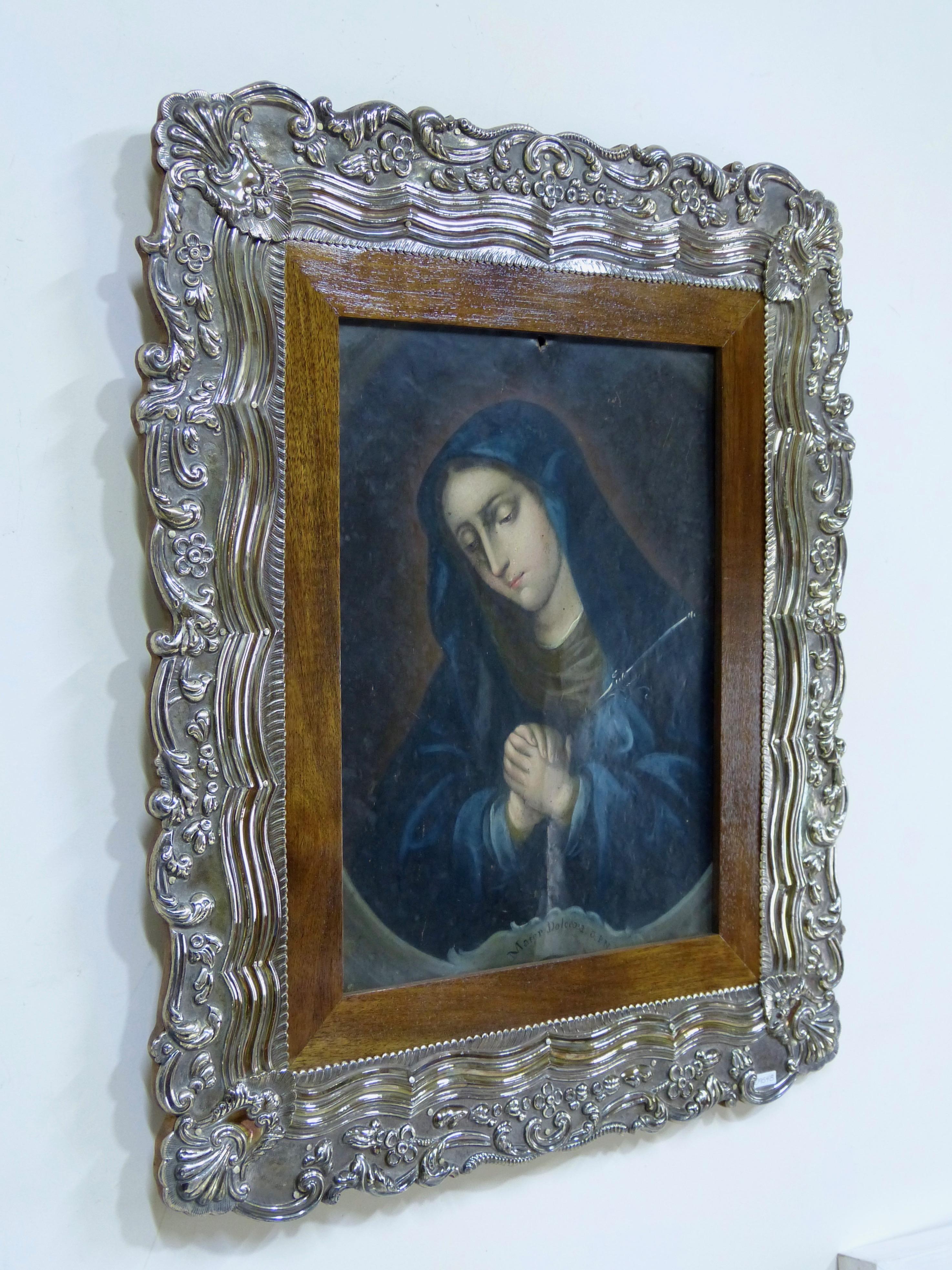 Antique Spanish colonial oil on copper retablo painting of virgin dolorosa
Original from 18th century, not signed
Sterling silver 0.925 colonial style frame
Measures without frame 14 1/4