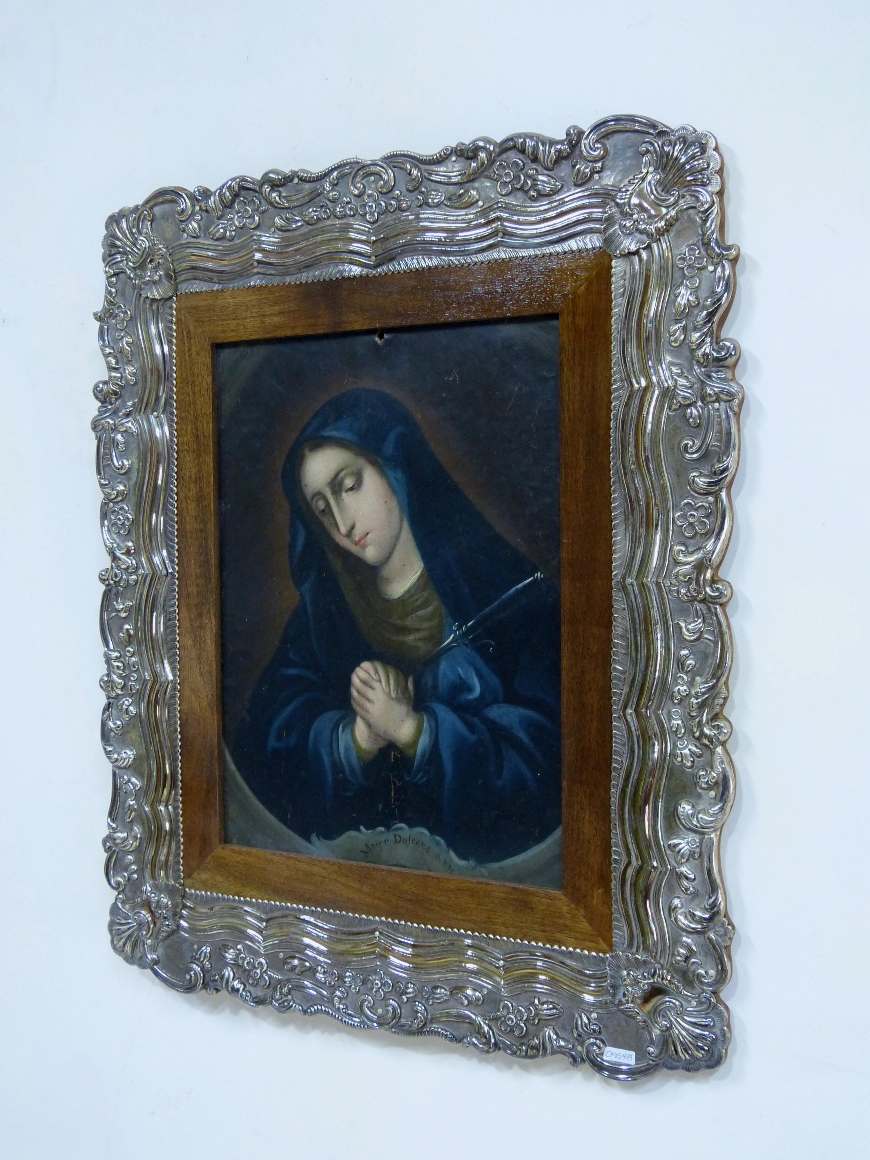 Mexican Spanish Colonial Oil on Copper Retablo Painting Virgin Dolorosa 18th Century For Sale