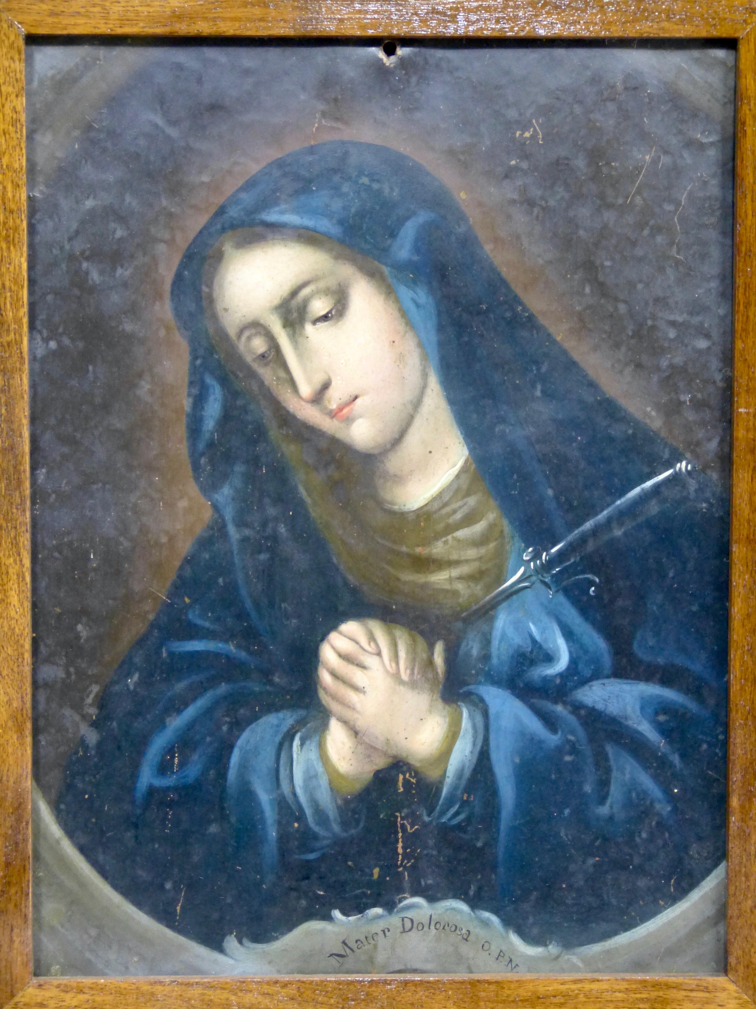 Hammered Spanish Colonial Oil on Copper Retablo Painting Virgin Dolorosa 18th Century For Sale