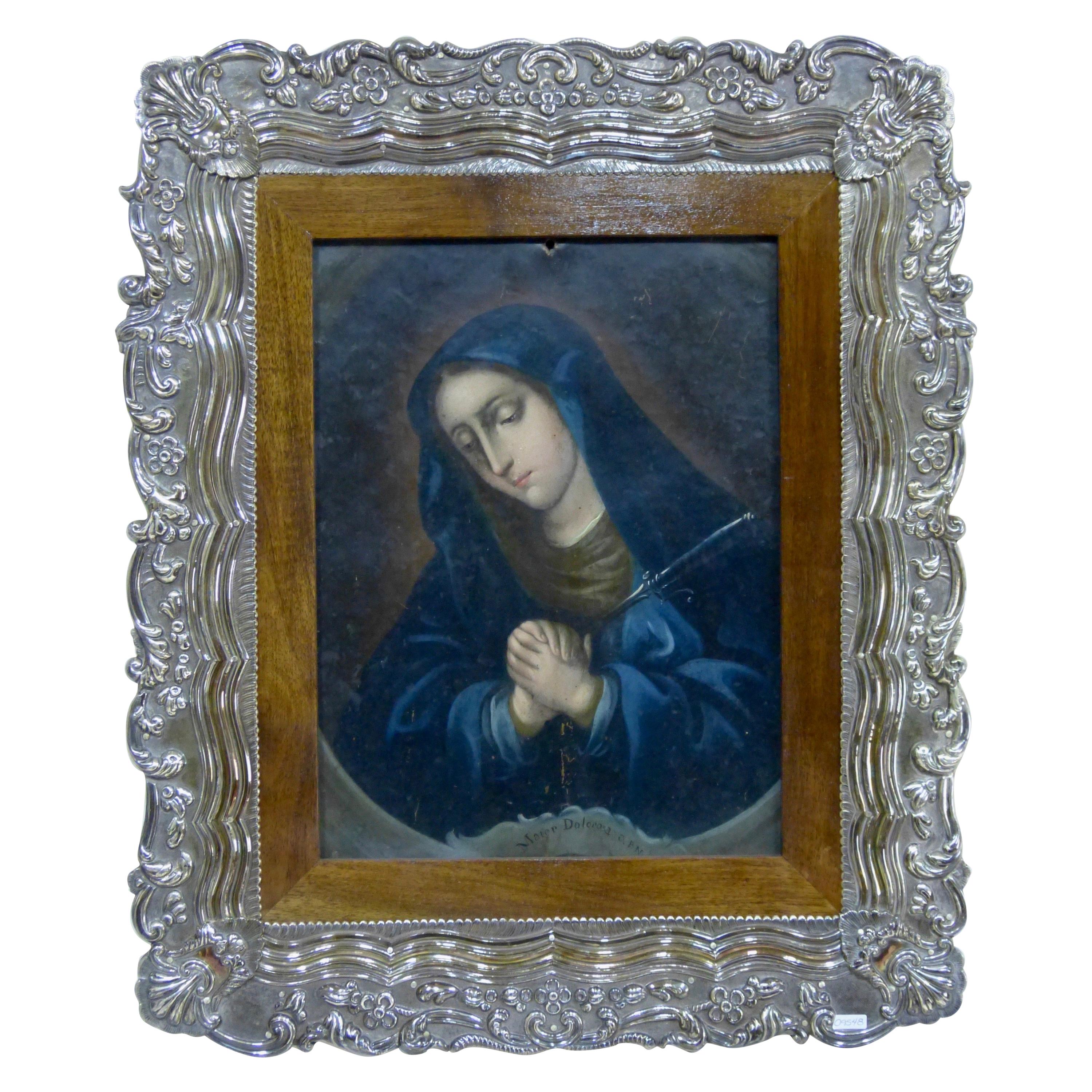 Spanish Colonial Oil on Copper Retablo Painting Virgin Dolorosa 18th Century For Sale