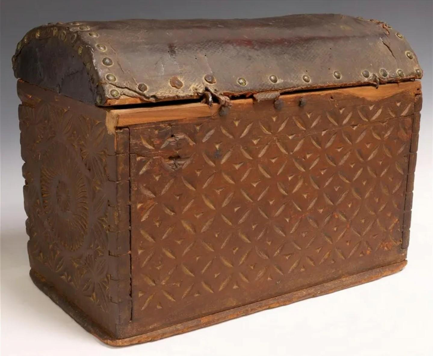 Hand-Carved Antique Spanish Colonial Period Leather Carved Cedar Travel Chest For Sale