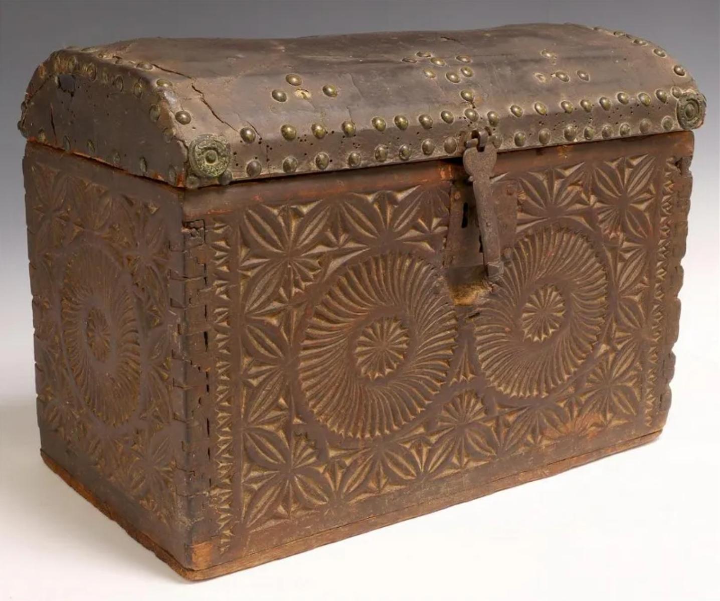 Antique Spanish Colonial Period Leather Carved Cedar Travel Chest For Sale 4