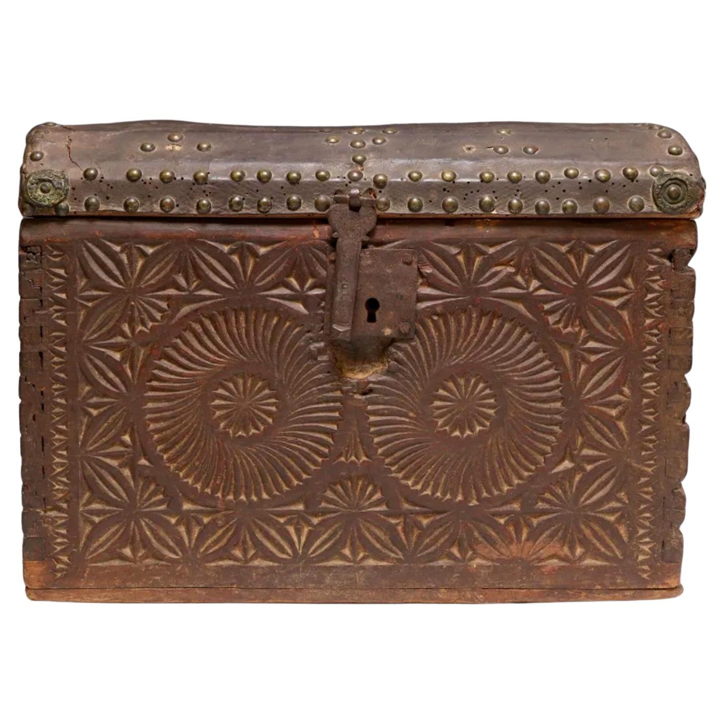 Antique Spanish Colonial Period Leather Carved Cedar Travel Chest For Sale