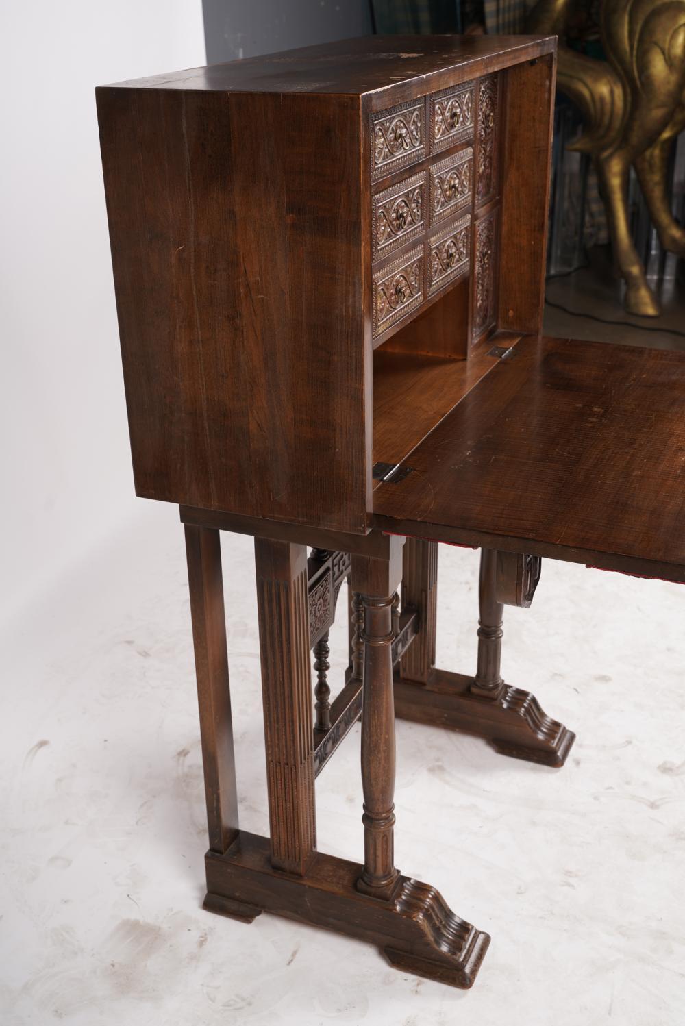 American Antique Spanish Colonial Revival Polychrome Walnut Vargueno Early 20th Century For Sale