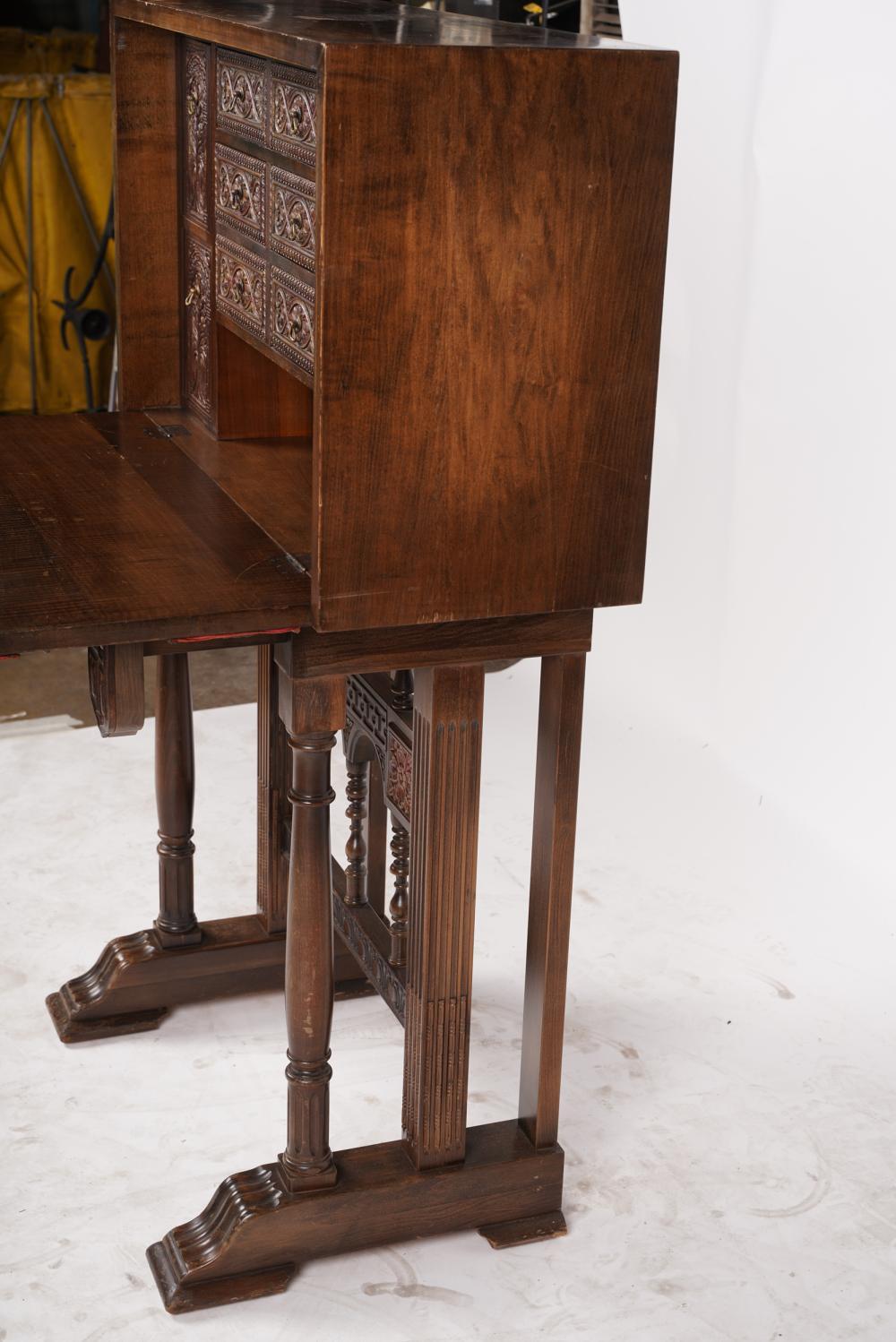 Hand-Carved Antique Spanish Colonial Revival Polychrome Walnut Vargueno Early 20th Century For Sale