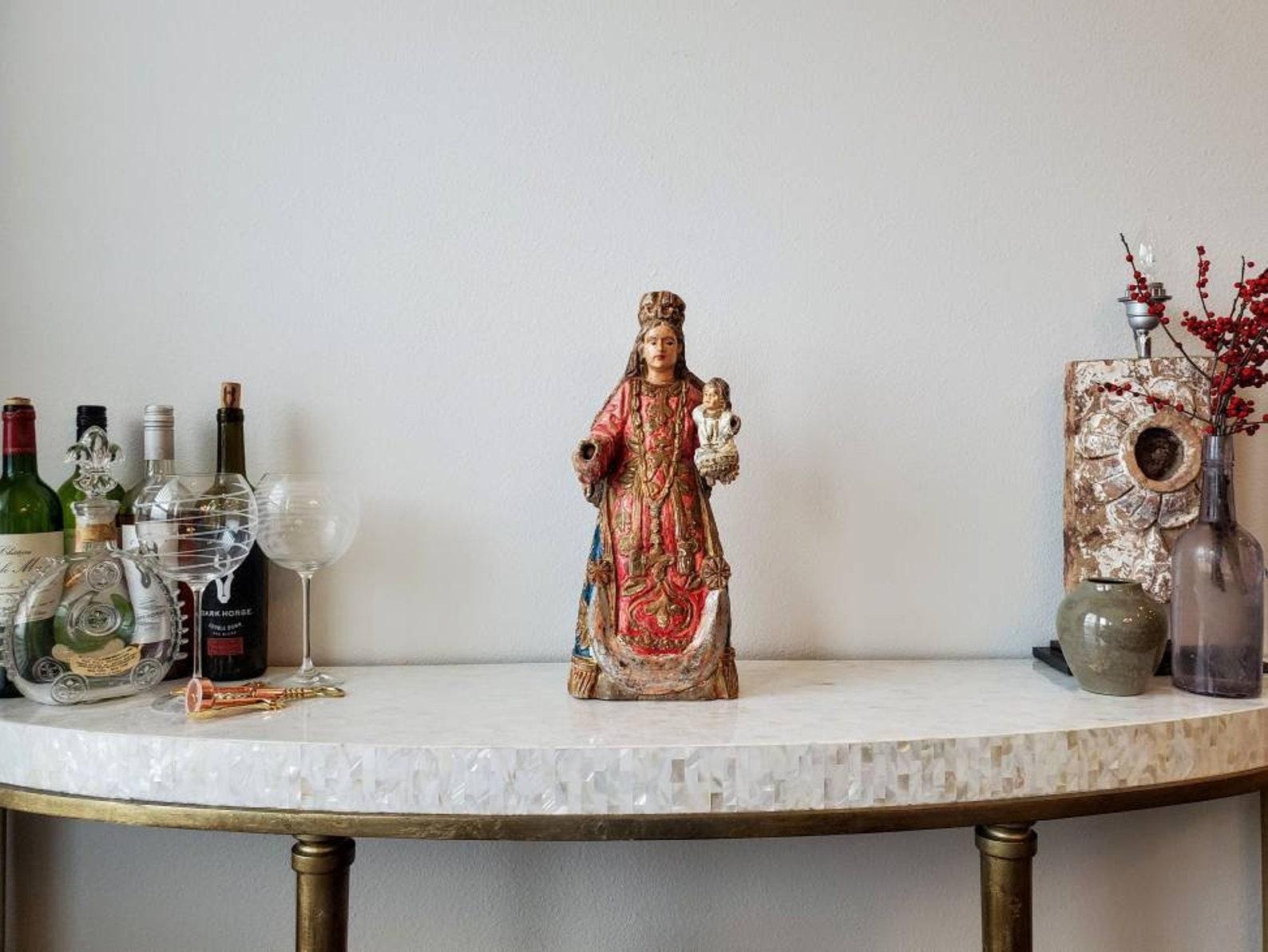 Glass Antique Spanish Colonial Santo Religious Altar Figure For Sale