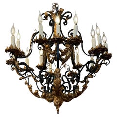 Antique Spanish Colonial Style Gold & Black Wrought Iron Chandelier, 19 Century