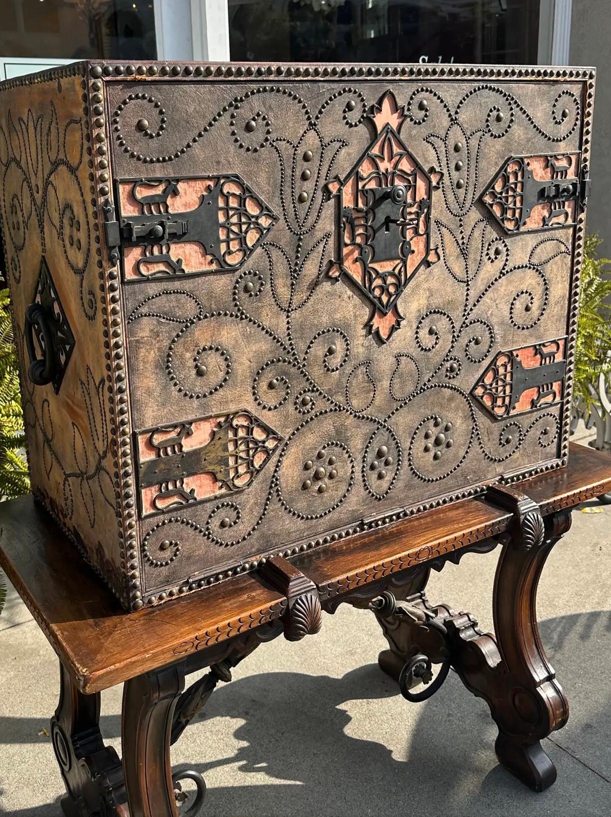 Antique Spanish Colonial Vargueno Secretary Desk Cabinet on Trestle Stand In Good Condition In LOS ANGELES, CA