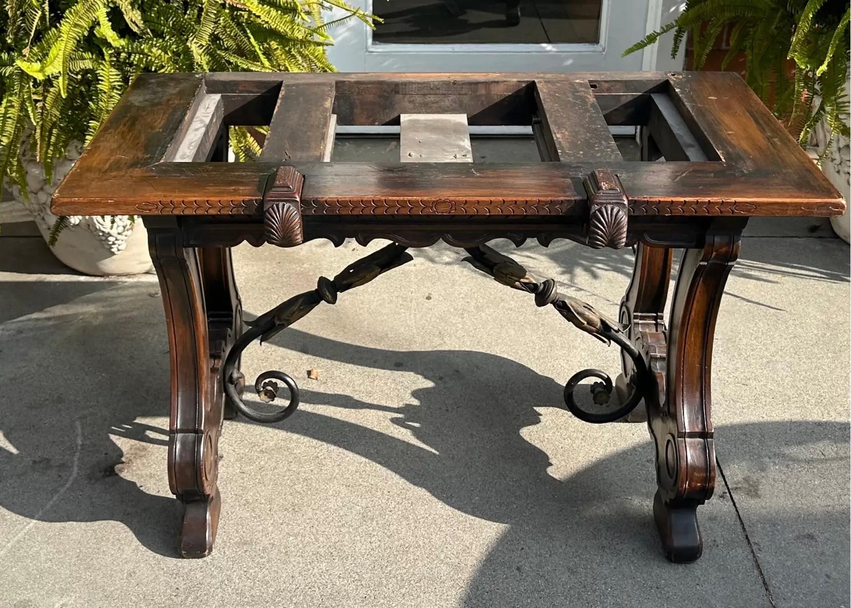 Iron Antique Spanish Colonial Vargueno Secretary Desk Cabinet on Trestle Stand