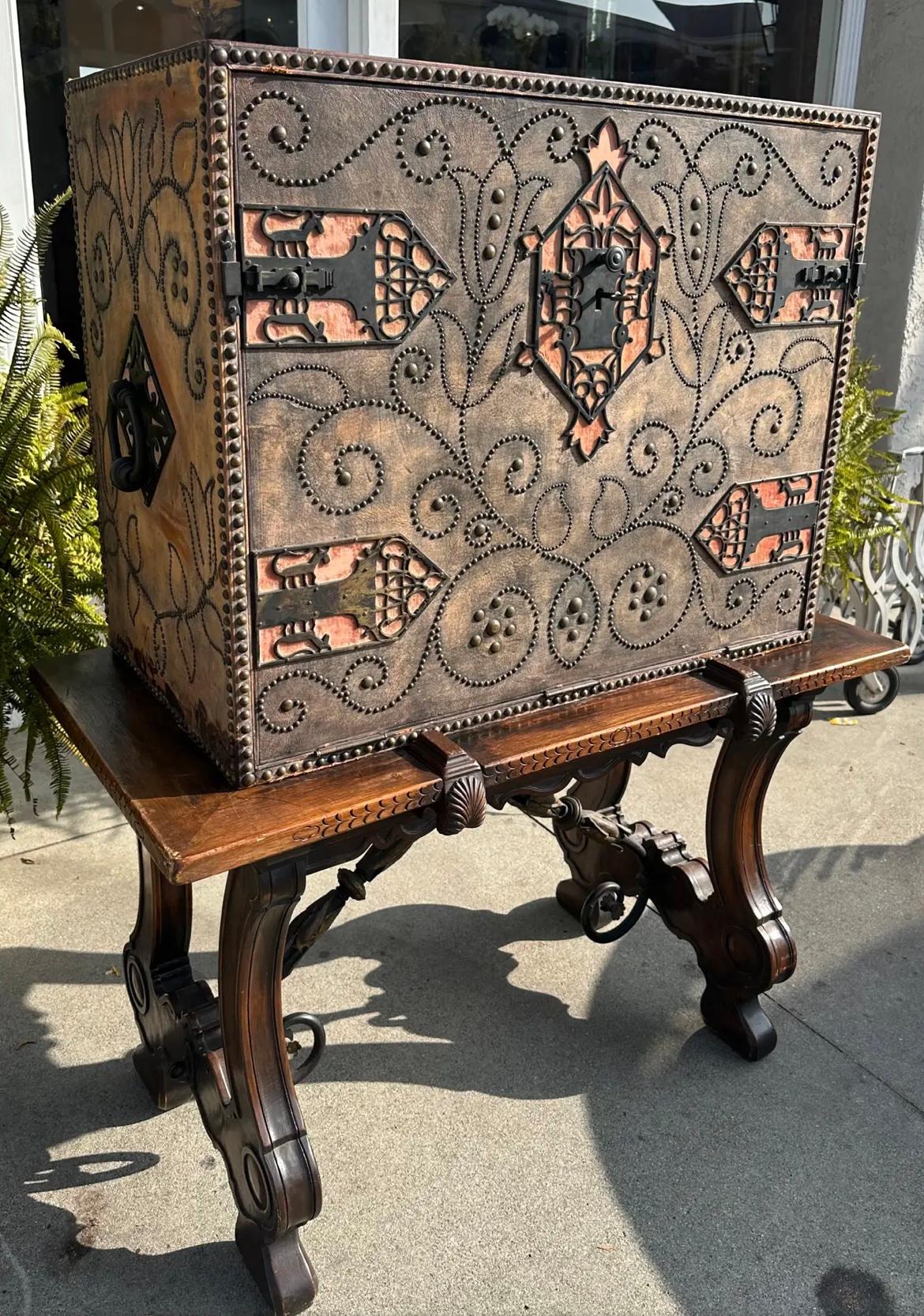 Antique Spanish Colonial Vargueno Secretary Desk Cabinet on Trestle Stand 1