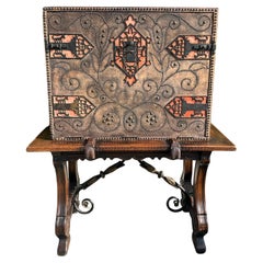 Antique Spanish Colonial Vargueno Secretary Desk Cabinet on Trestle Stand