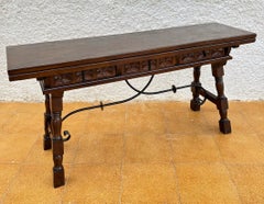 Antique Spanish Console Fold Out Table with Iron Stretcher and Three Drawers