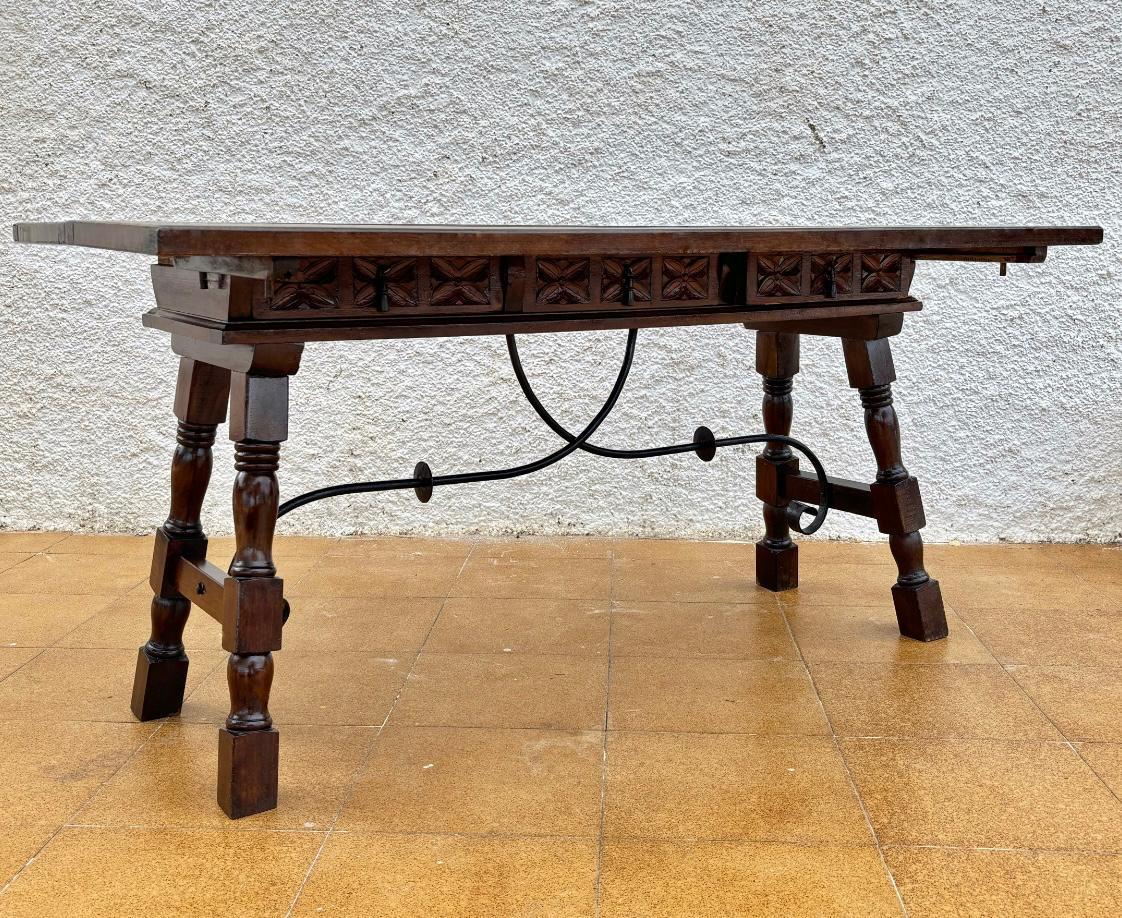 Baroque Antique Spanish Console Fold Out Table with Iron Stretcher and Three Drawers For Sale