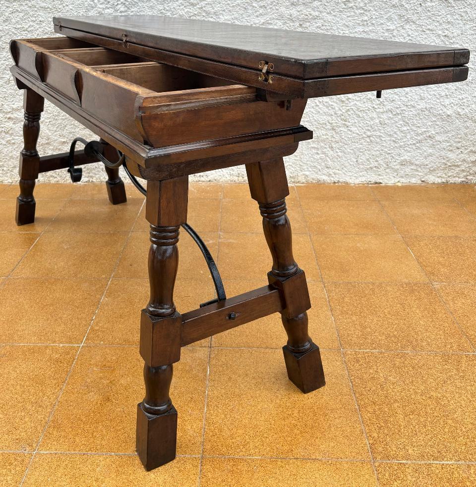 Antique Spanish Console Fold Out Table with Iron Stretcher and Three Drawers For Sale 1