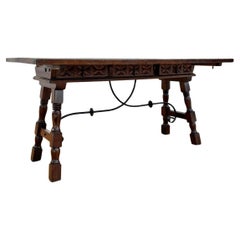 Antique Spanish Console Fold Out Table with Iron Stretcher and Three Drawers