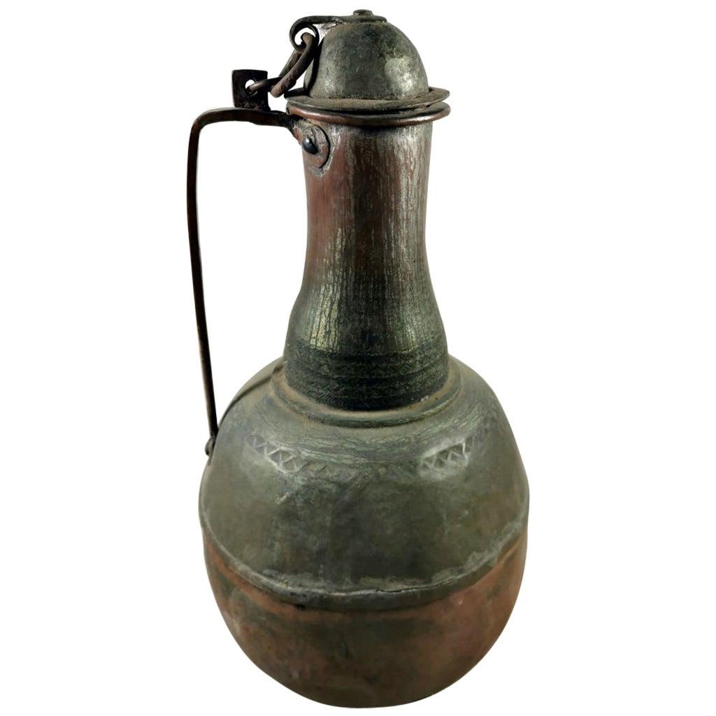 Antique Spanish Copper Jug with Lid All Hand Forged with a Beautiful Patina For Sale