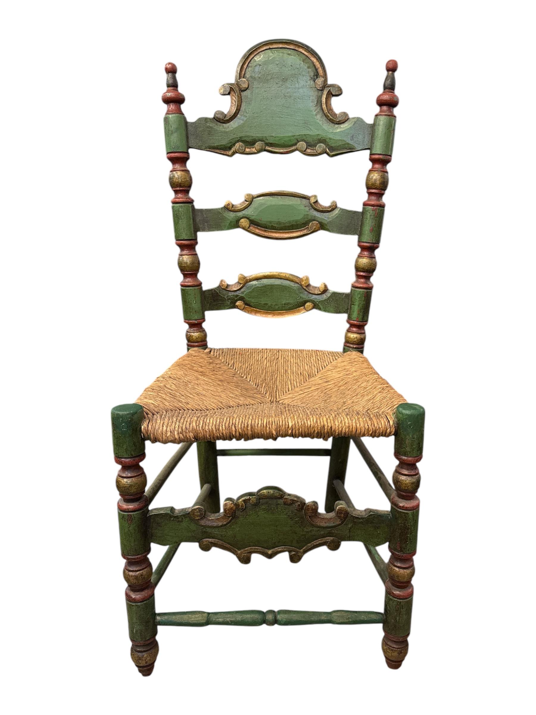 This Antique Spanish Country Ladder-Back Chair exudes rustic charm and old-world craftsmanship, a true reflection of traditional Spanish design. Featuring classic ladder-back detailing, the chair is made from rich, aged wood, showcasing a