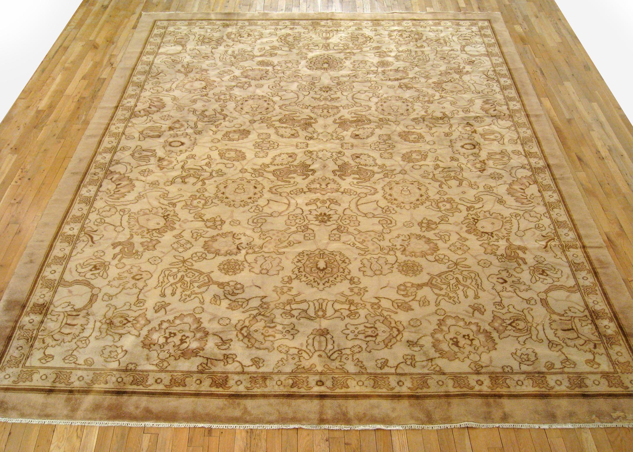 Antique European Savonnerie Rug, Room size, circa 1930

A one-of-a-kind antique European Savonnerie Oriental Carpet, hand-knotted with short wool pile. This beautiful rug features palmettes allover the beige primary field, with beige outer border.